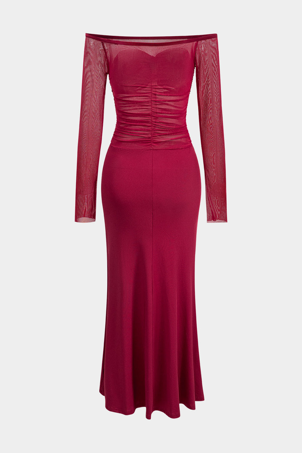 Mesh Patchwork Off Shoulder Ruched Long Sleeve Maxi Dress