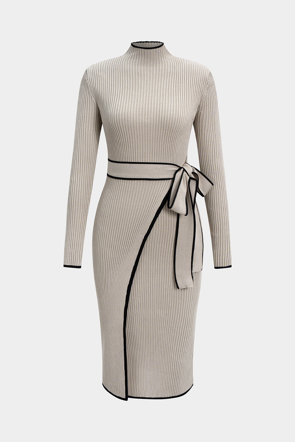 Knit Mock Neck Belted Long Sleeve Midi Dress