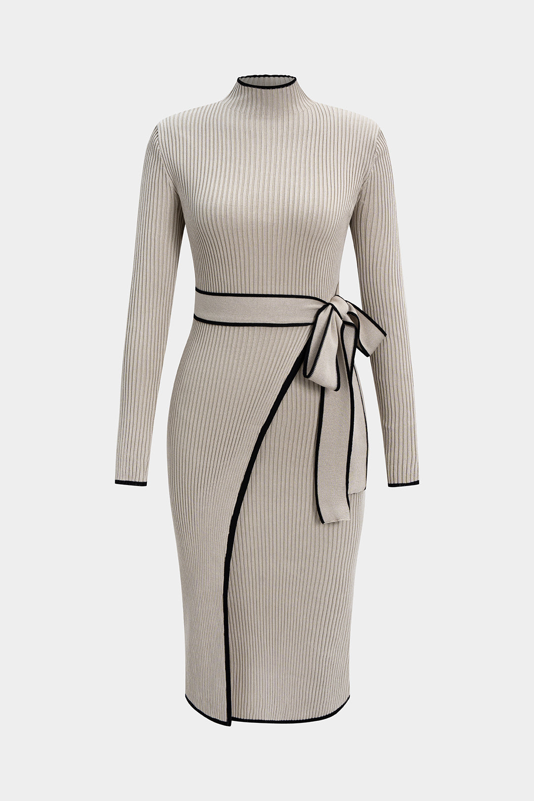 Knit Mock Neck Belted Long Sleeve Midi Dress