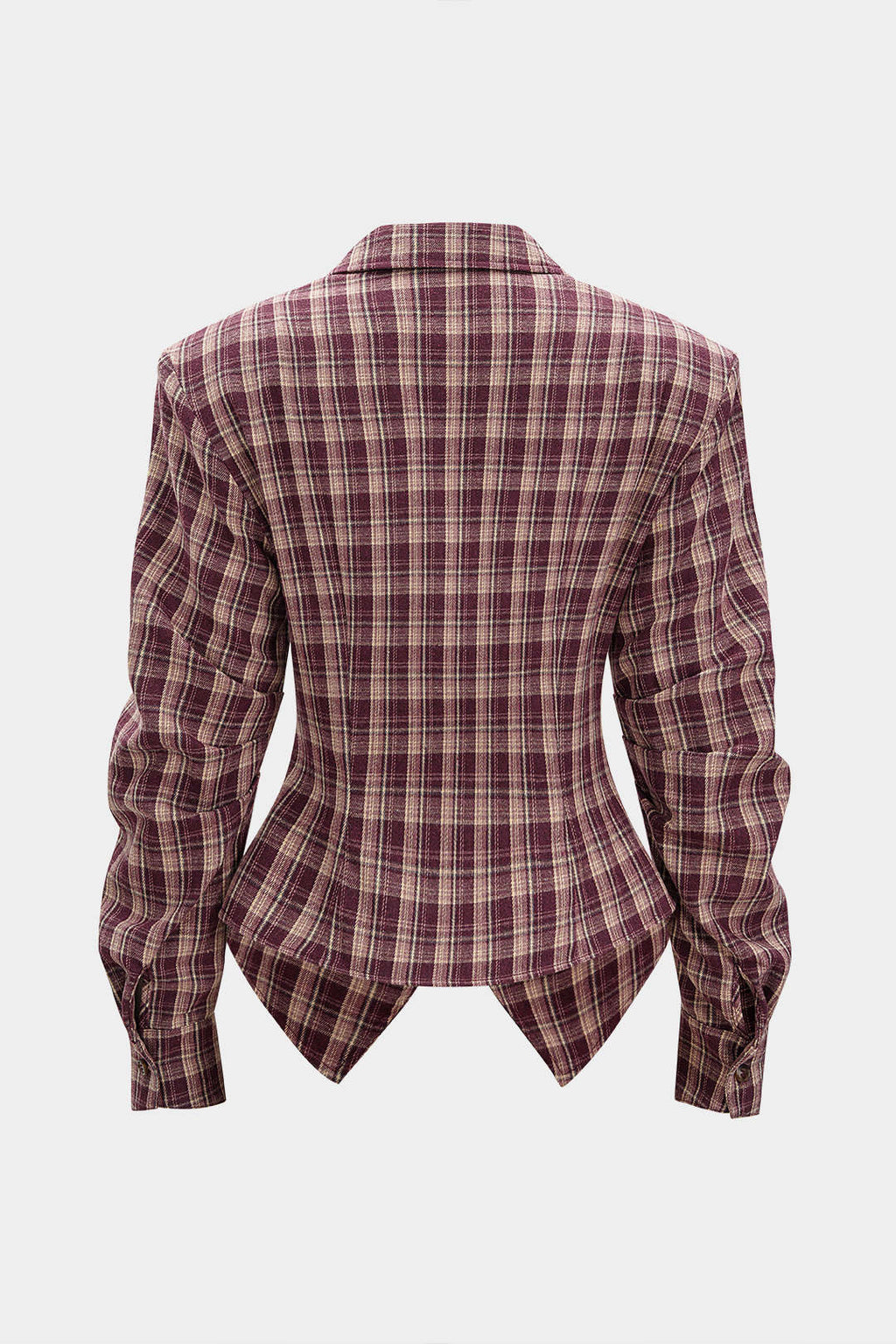 Plaid Print Ruched Waist-Cinching Long-Sleeve Shirt