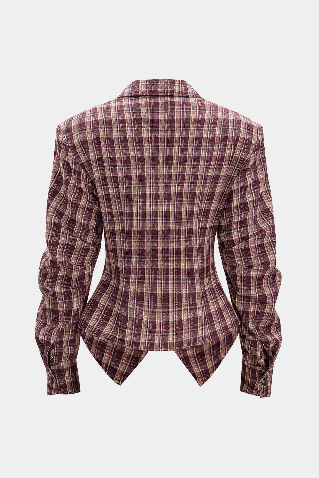 Plaid Print Ruched Waist-Cinching Long-Sleeve Shirt