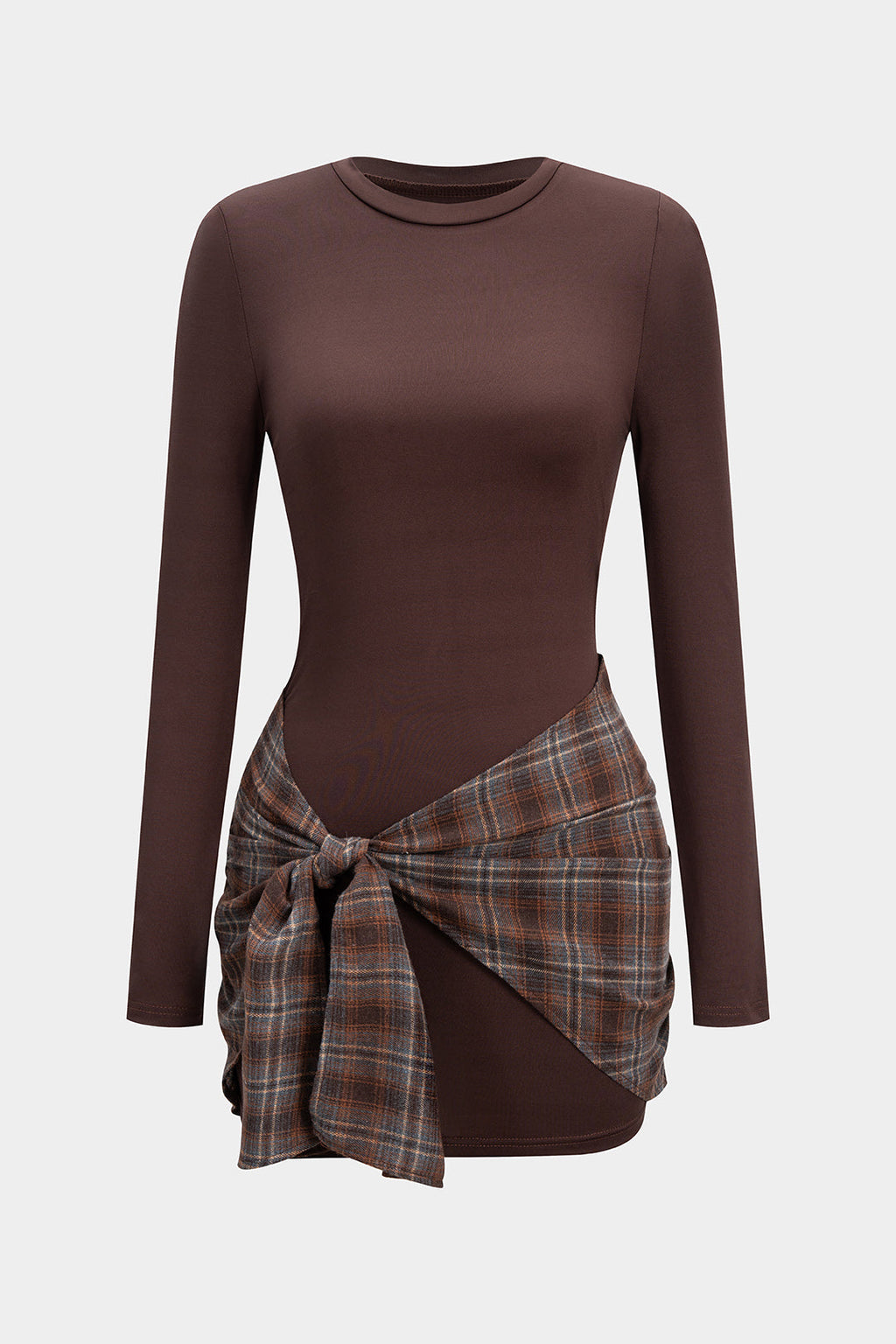 Plaid Print Patchwork Tie Front Long Sleeve Mini Dress