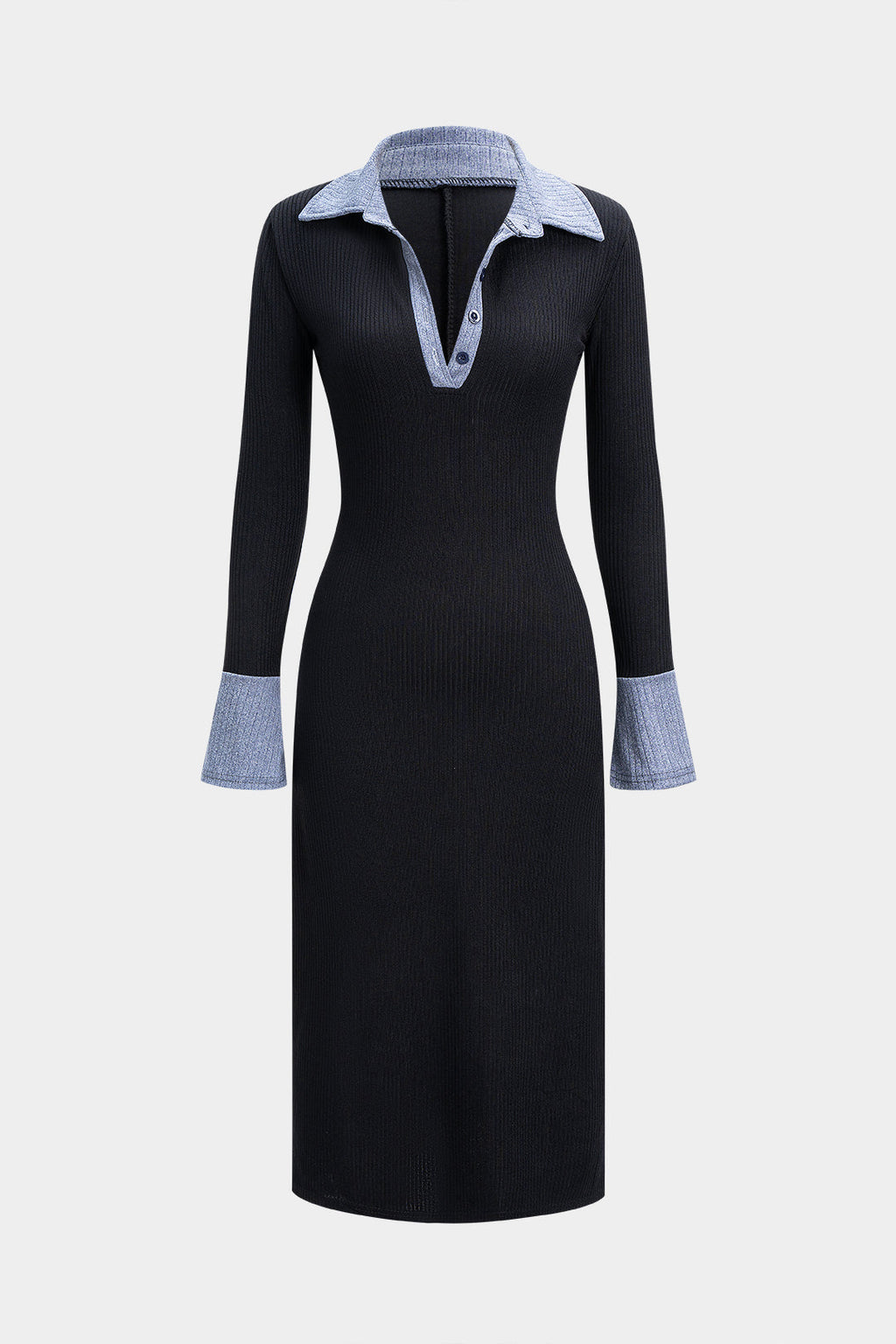 Knit Button Contrast Long Sleeve Dress