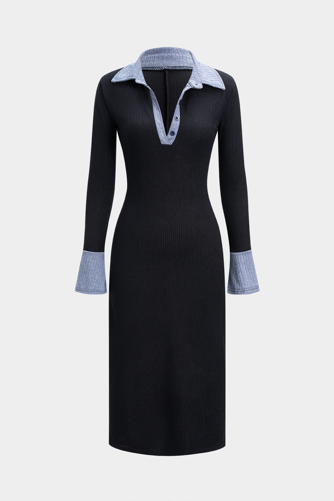Knit Button Contrast Long Sleeve Dress