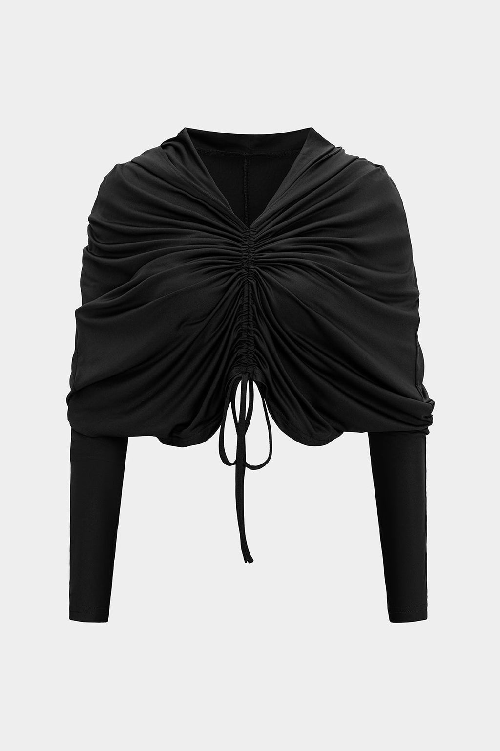 Ruched Drawstring Hooded Long-Sleeve Top