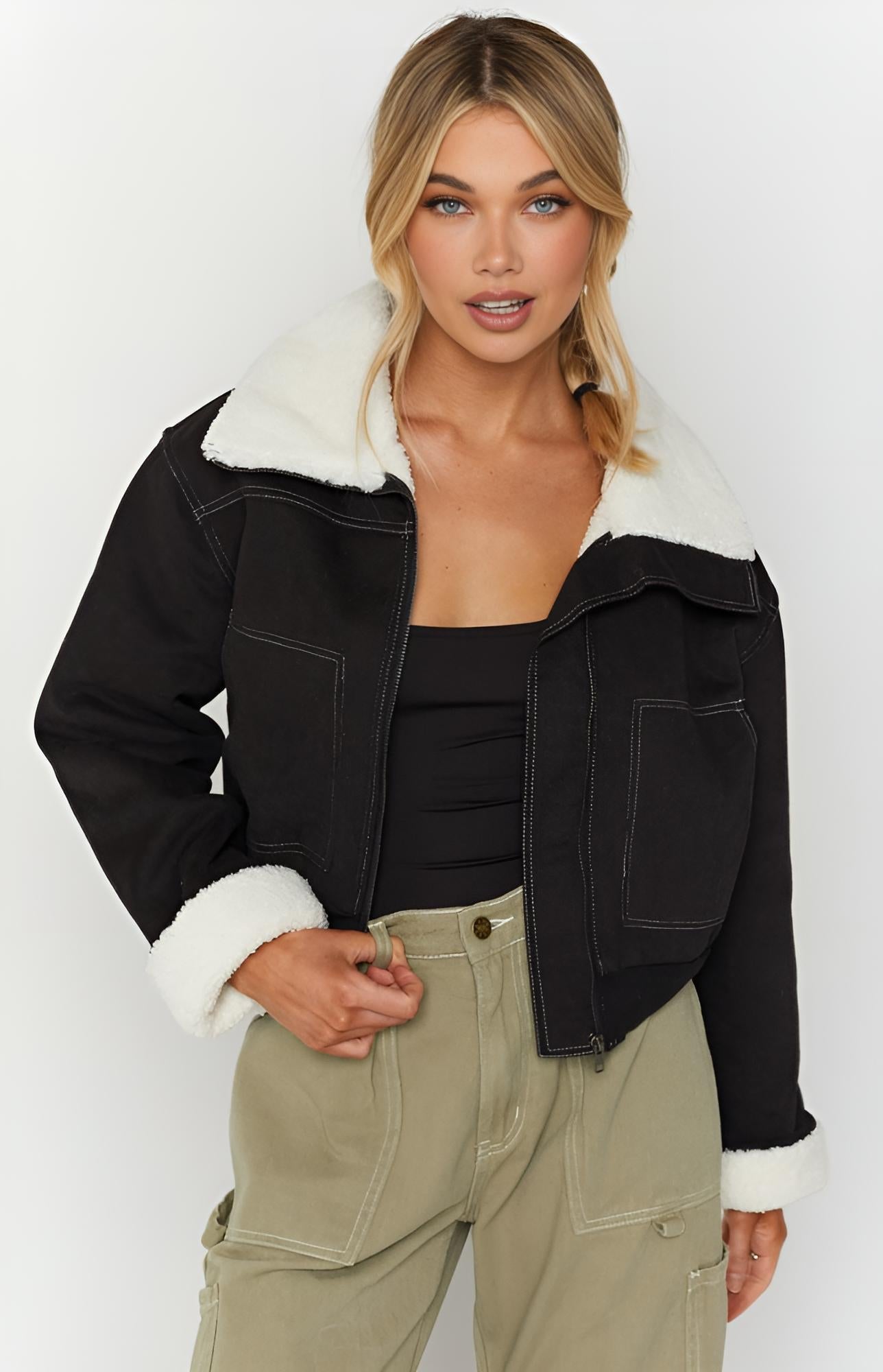 Chaqueta Gelan Corta Con Cuello de Pelaje Ancho Elegante