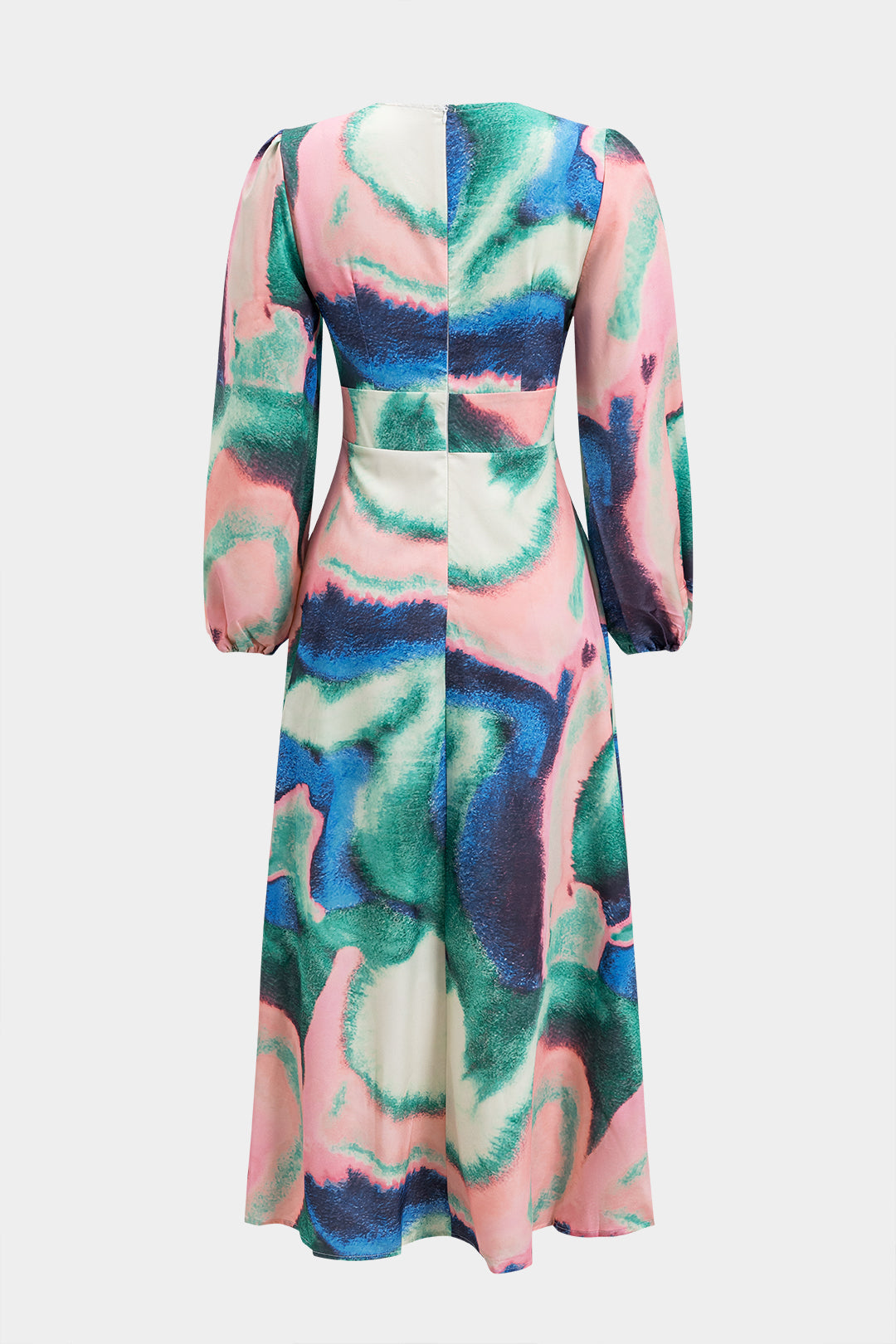 שמלת מידי עם צווארון V וגזרה ארוכה בהדפס צבעי מים 