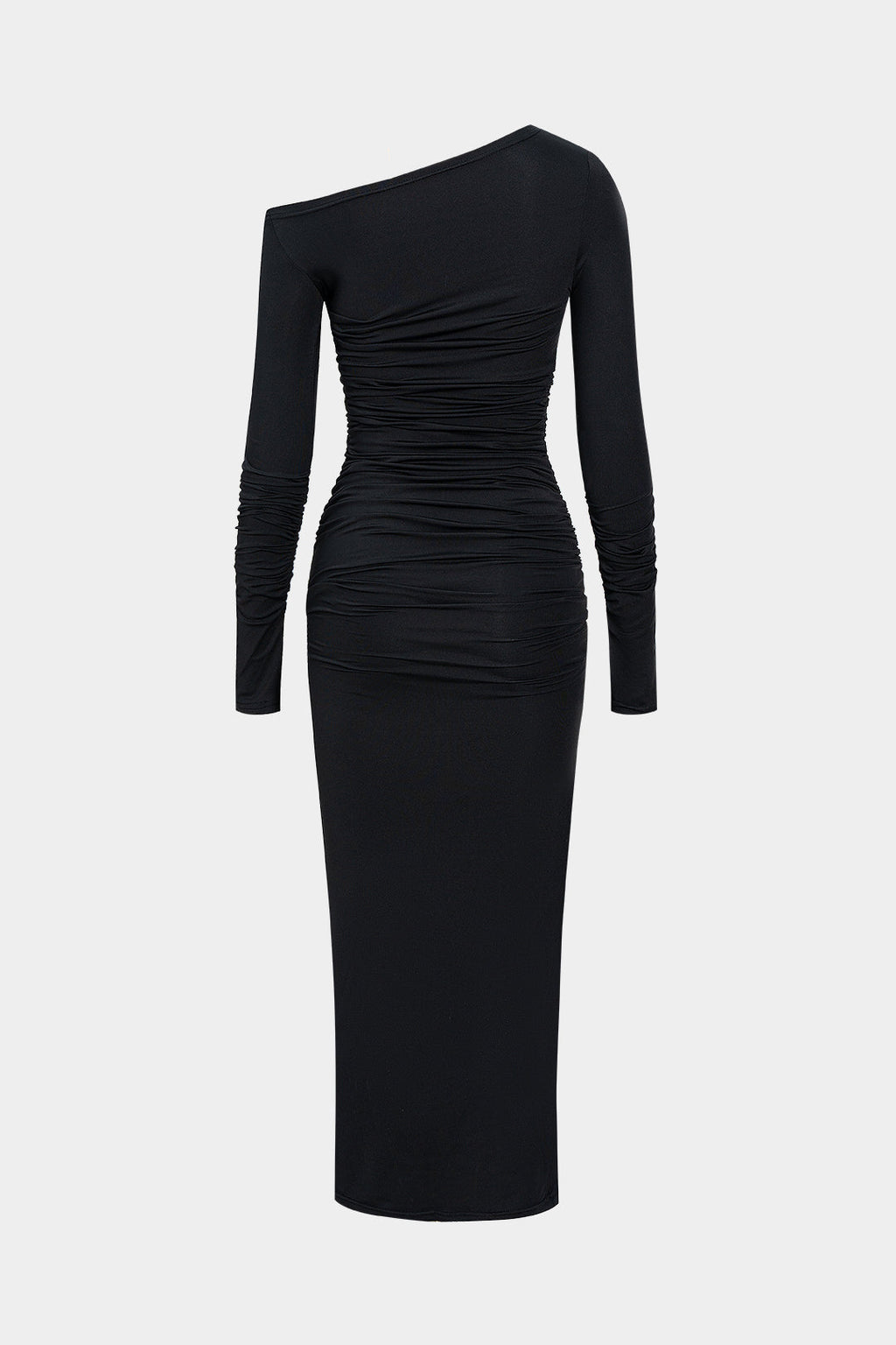 Asymmetrical Neck Ruched Long-Sleeve Maxi Dress