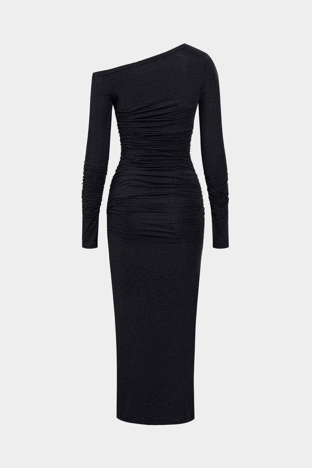 Asymmetrical Neck Ruched Long-Sleeve Maxi Dress