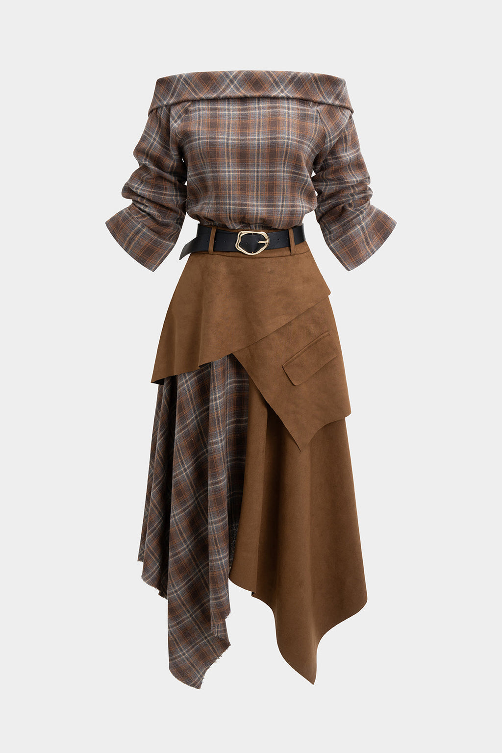 שמלת מידי עם כתפיים פתוחות ודלתות, רוכסן וחגורה, שרוולים ארוכים והדפס זמש משובץ 