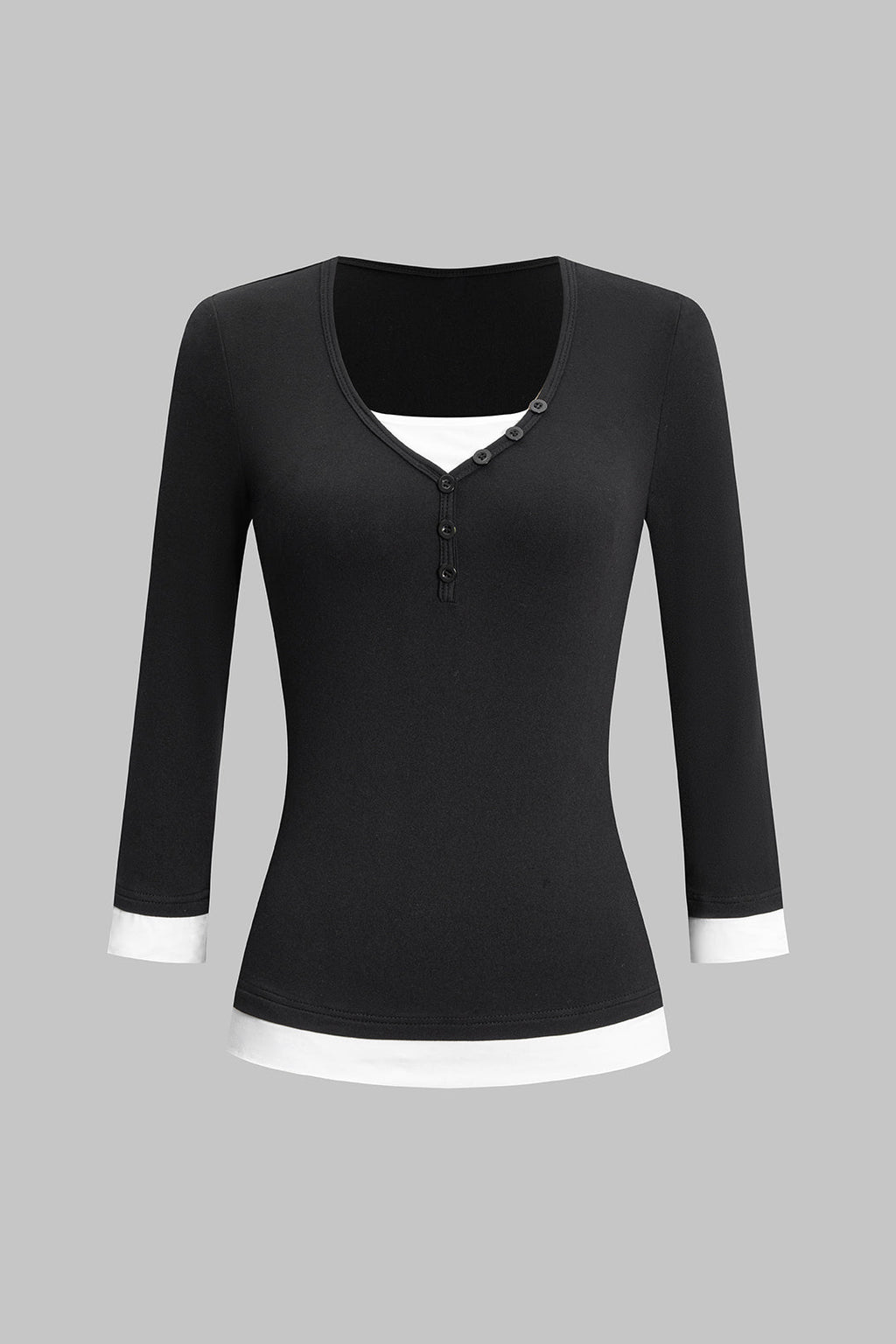 Knit Button Contrast Long-Sleeve Top