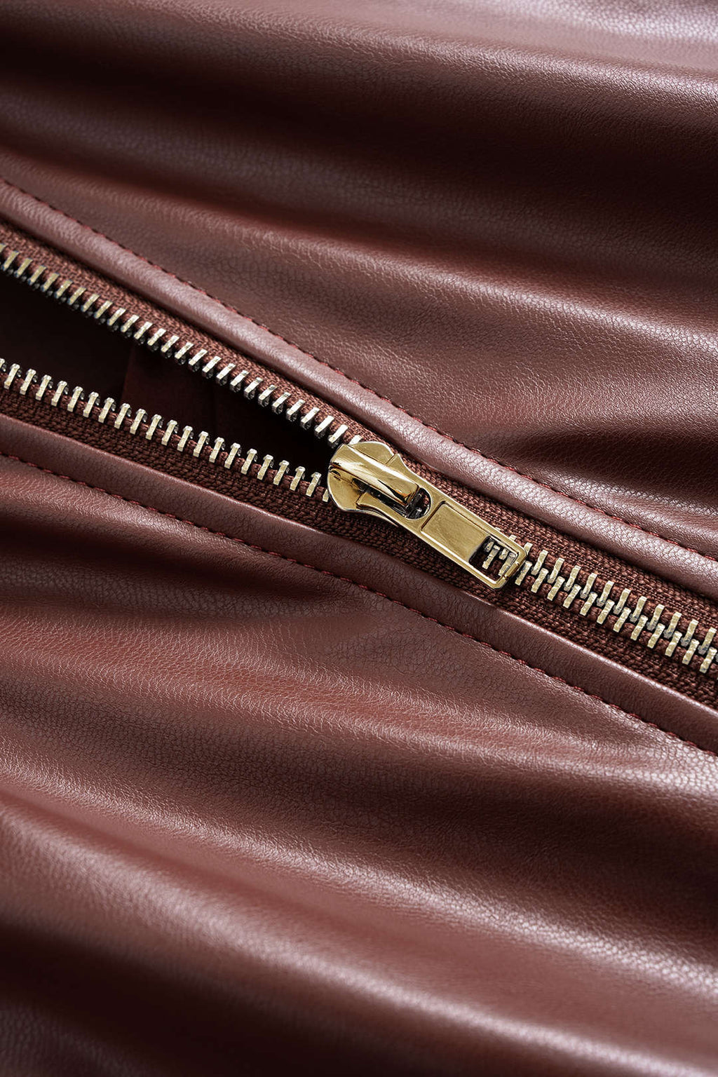 Faux Leather Ruched Zipper Long-Sleeve Shirt