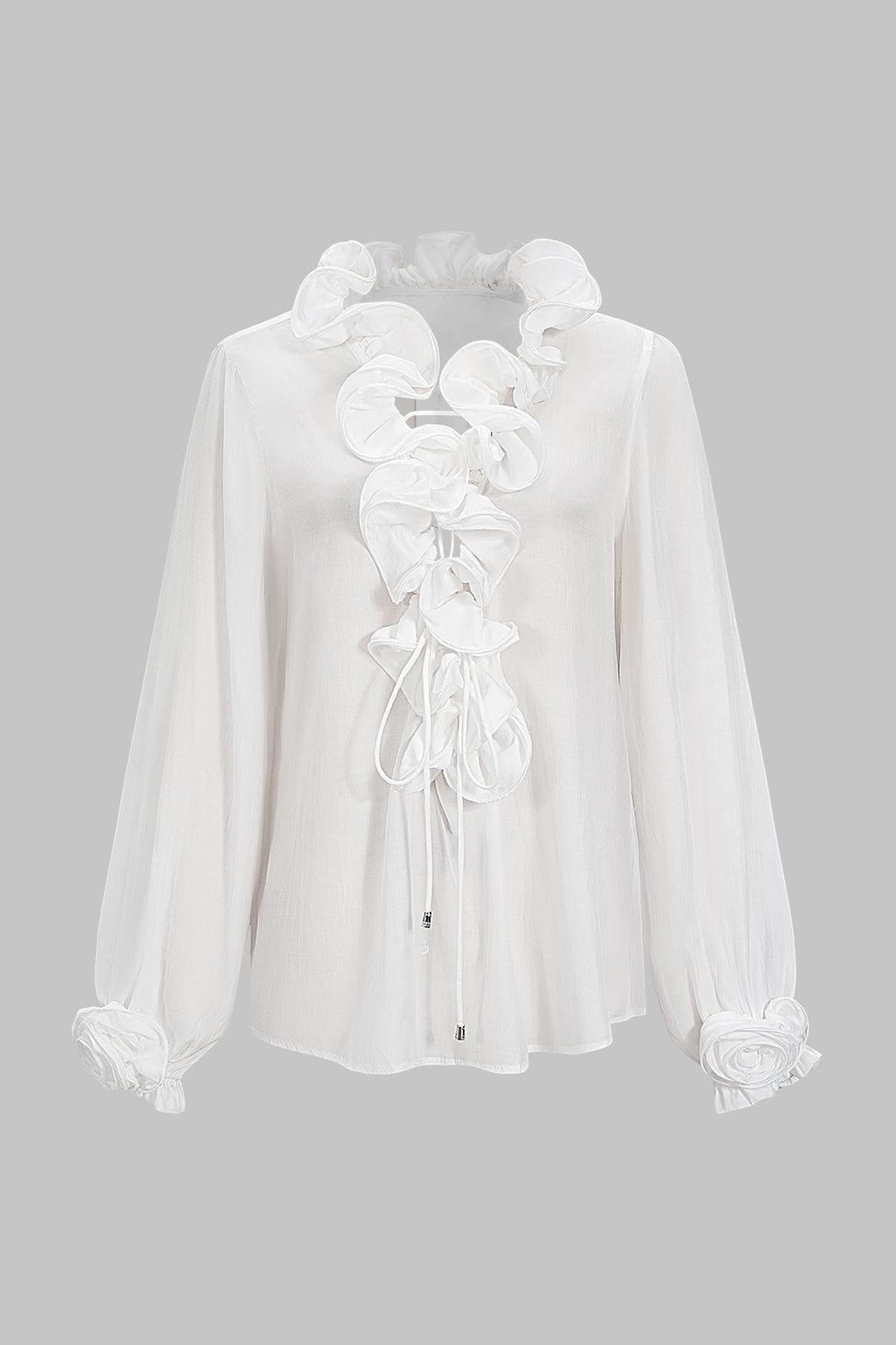 חולצה ארוכת שרוולים עם קפלים וקשירה מלפנים של שיפון 