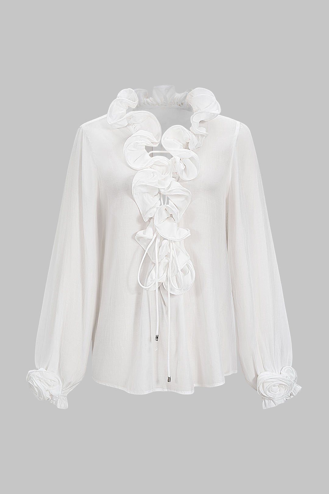 חולצה ארוכת שרוולים עם קפלים וקשירה מלפנים של שיפון 