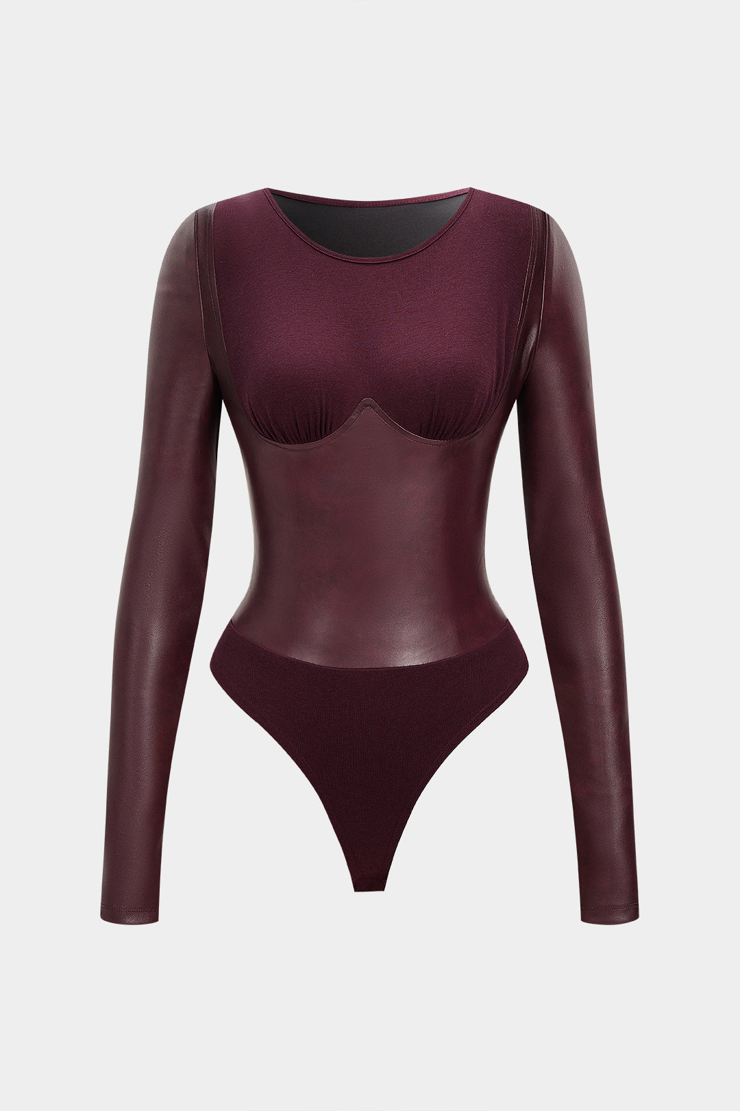 Faux Leather Patchwork Round Neck Long Sleeve Bodysuit