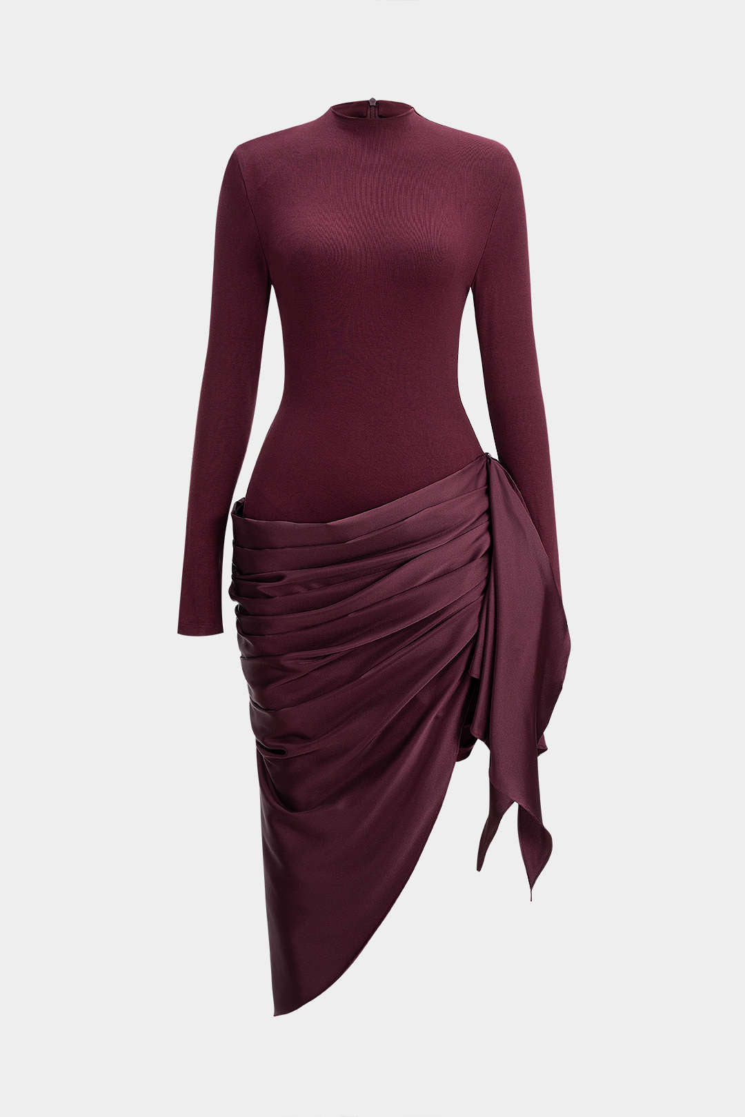 שמלת מידי אסימטרית עם טלאים מבד סאטן ושרוולים ארוכים 