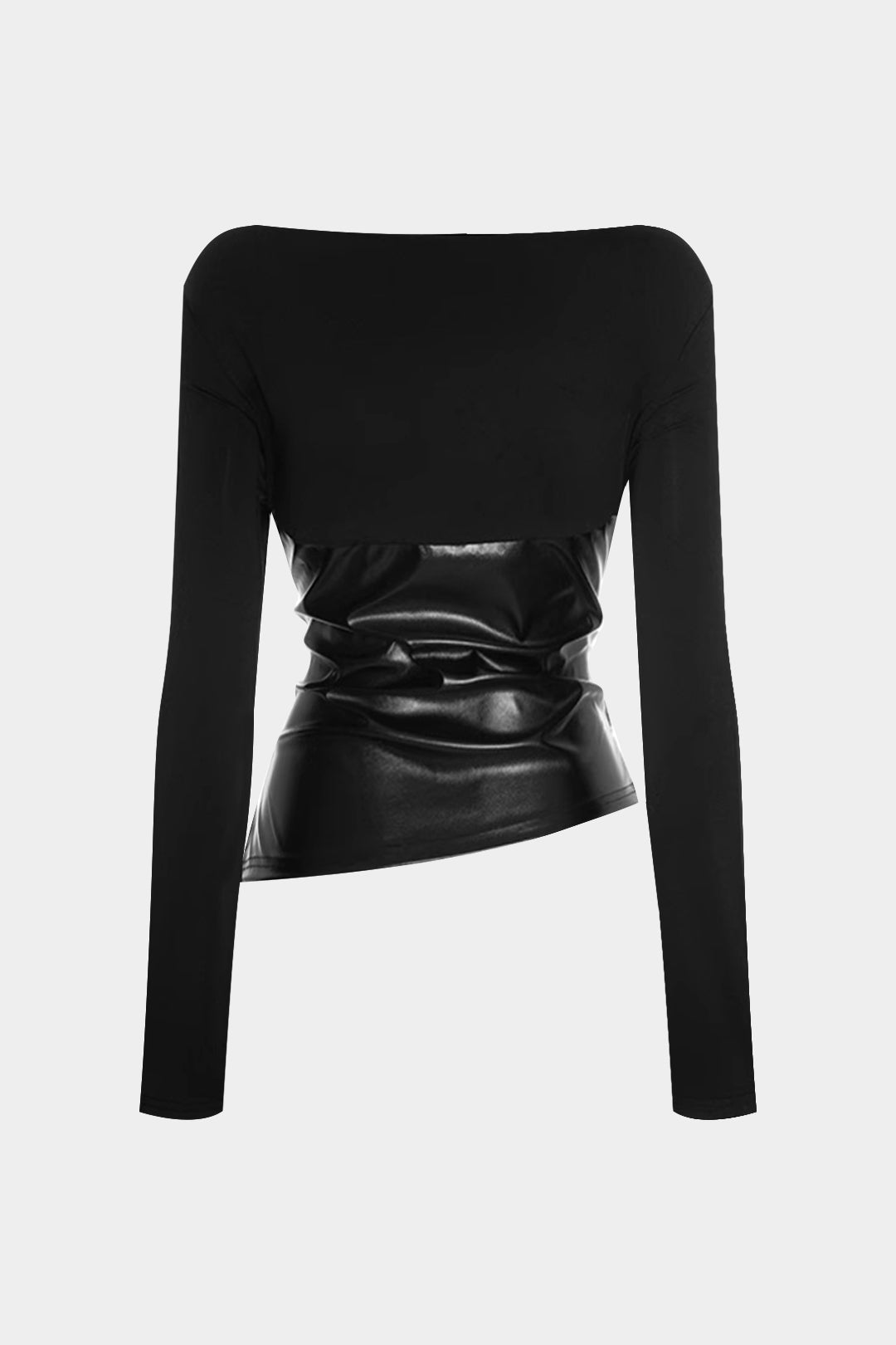Faux Leather Patchwork Ruched Long-Sleeve Top