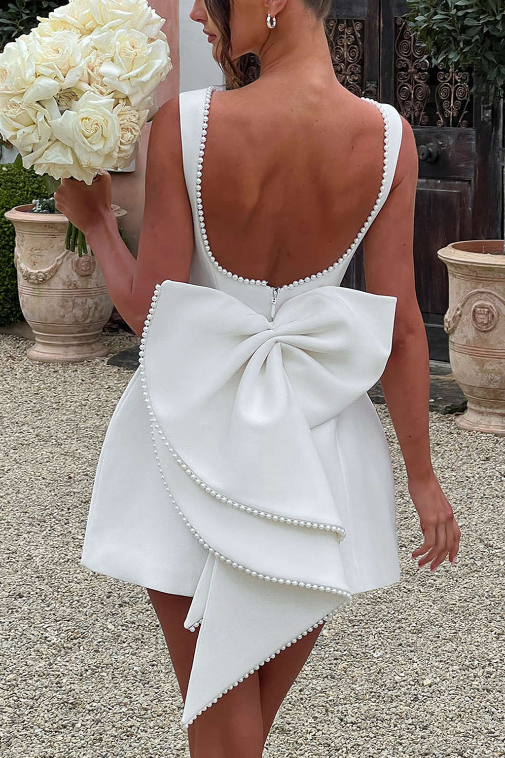 Vestido Corto Plisado Sin Mangas Lazo Y Perlas Con Cremallera