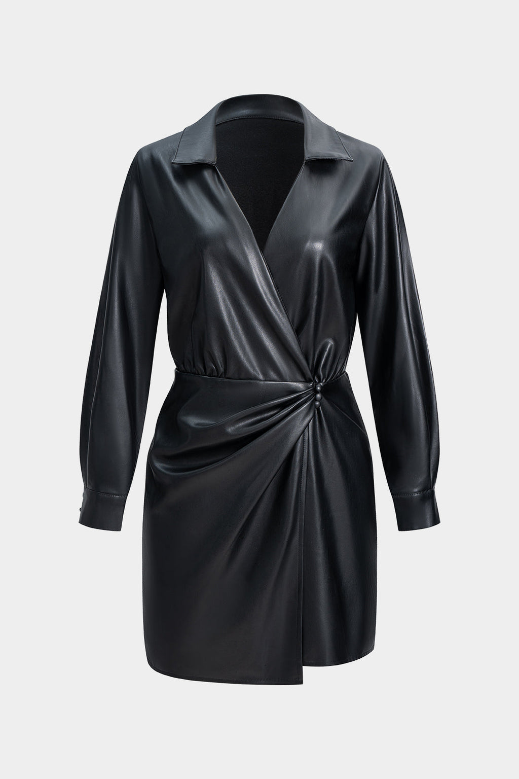 Faux Leather V-Neck Ruched Long Sleeve Mini Dress