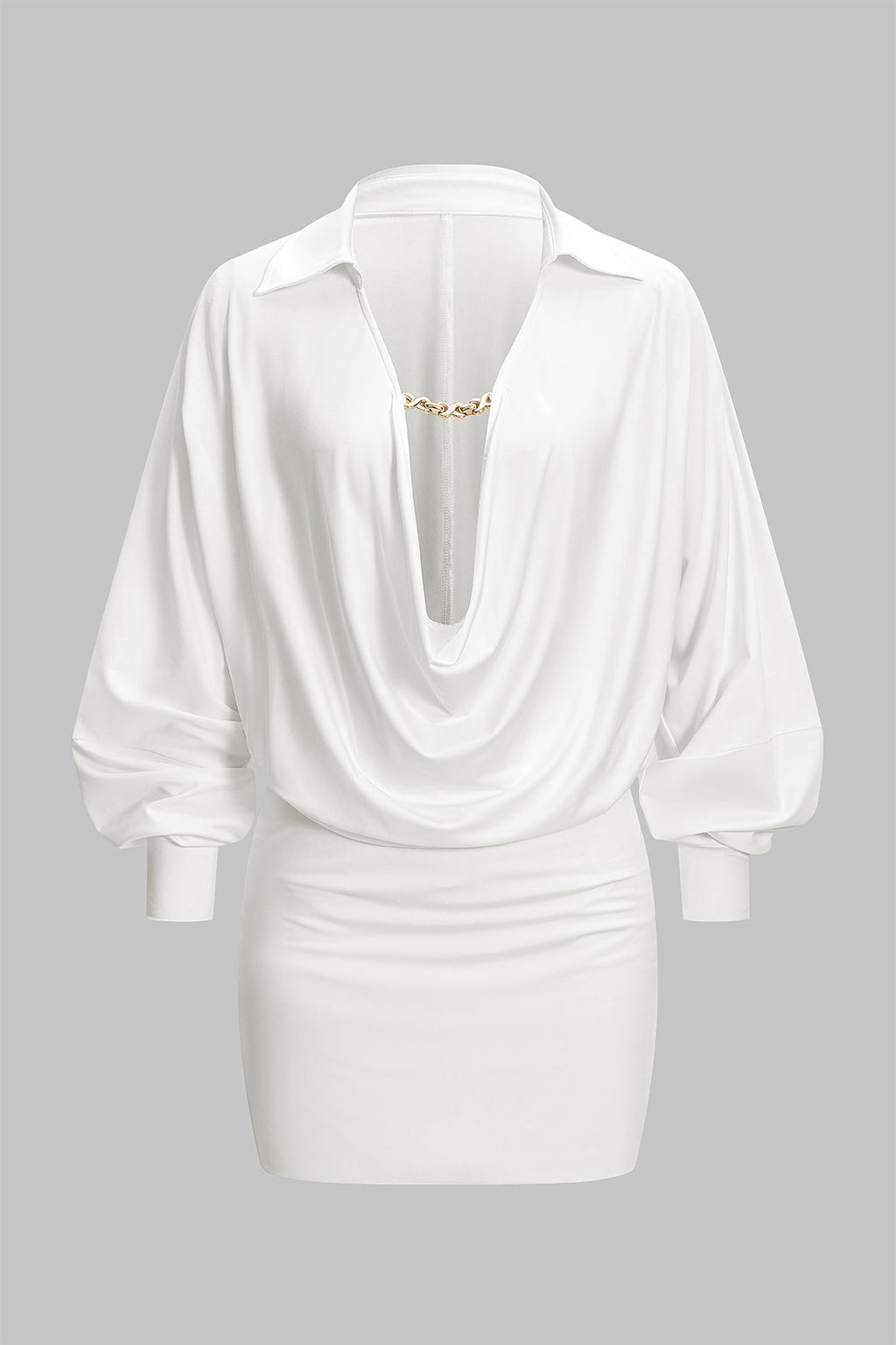 Ruched Draped Cowl V-Neck Long Sleeve Mini Dress