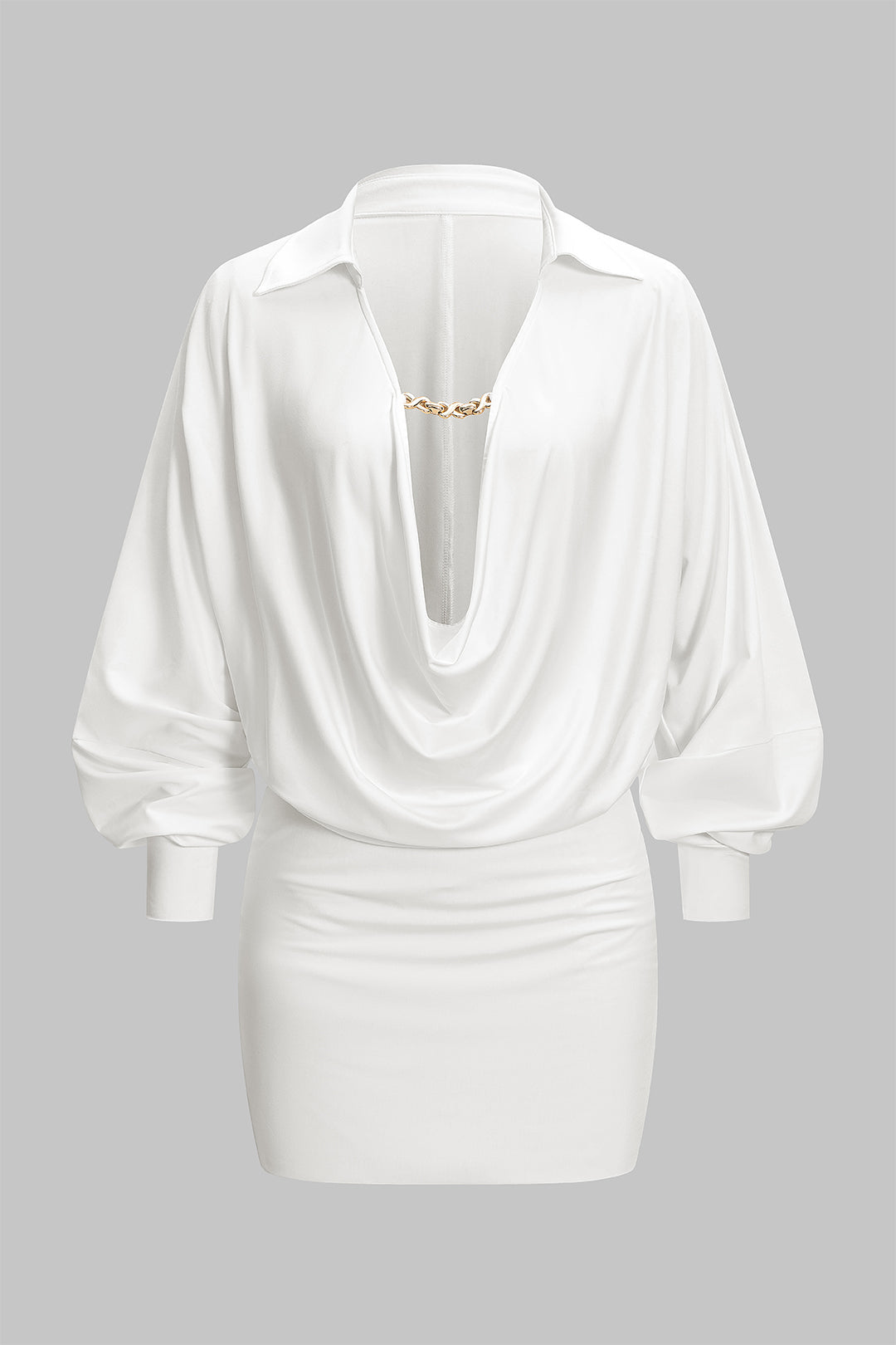 Ruched Draped Cowl V-Neck Long Sleeve Mini Dress