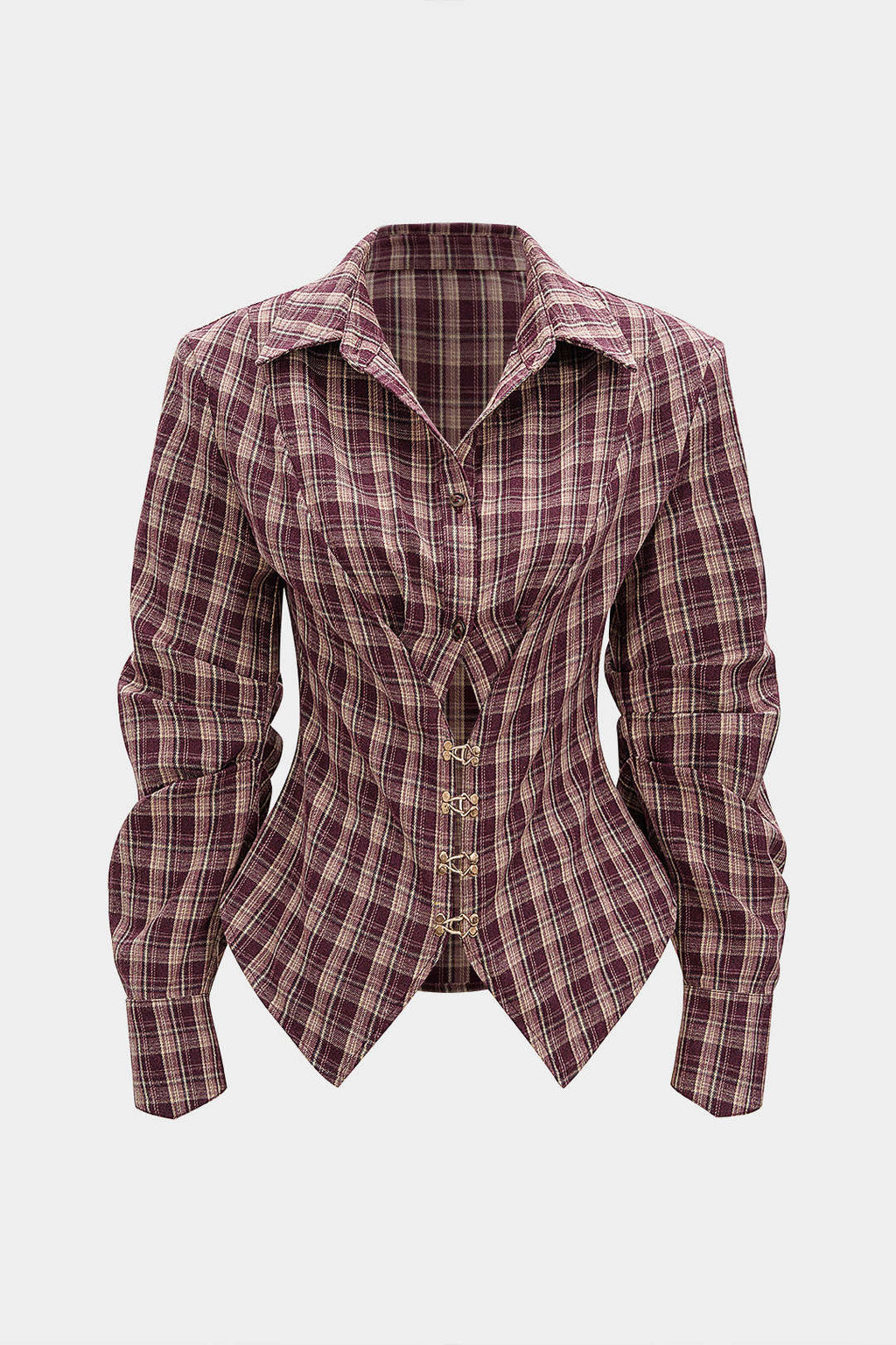 Plaid Print Ruched Waist-Cinching Long-Sleeve Shirt