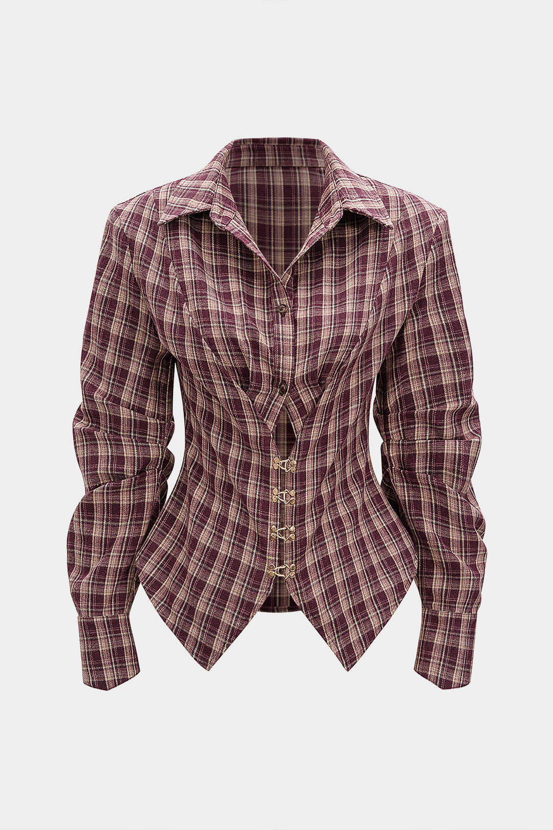 Plaid Print Ruched Waist-Cinching Long-Sleeve Shirt