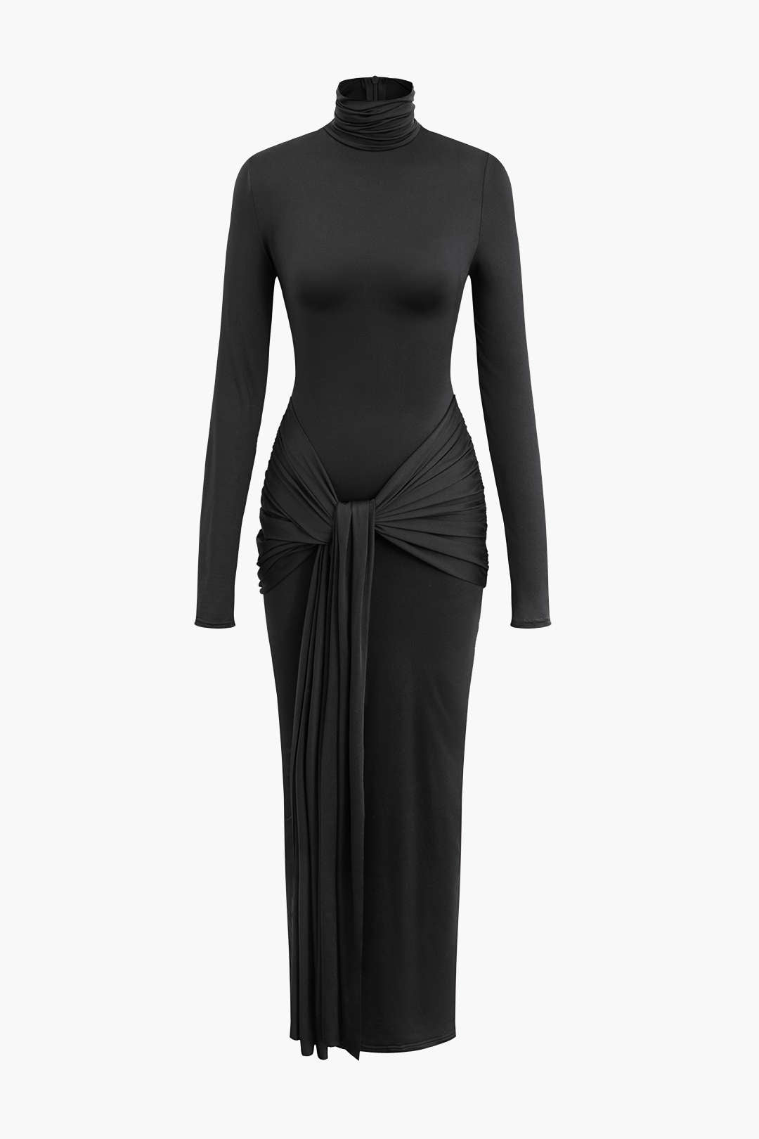 Vestido Maxi Drapeado Con Cuello Alto Manga Larga Elegante