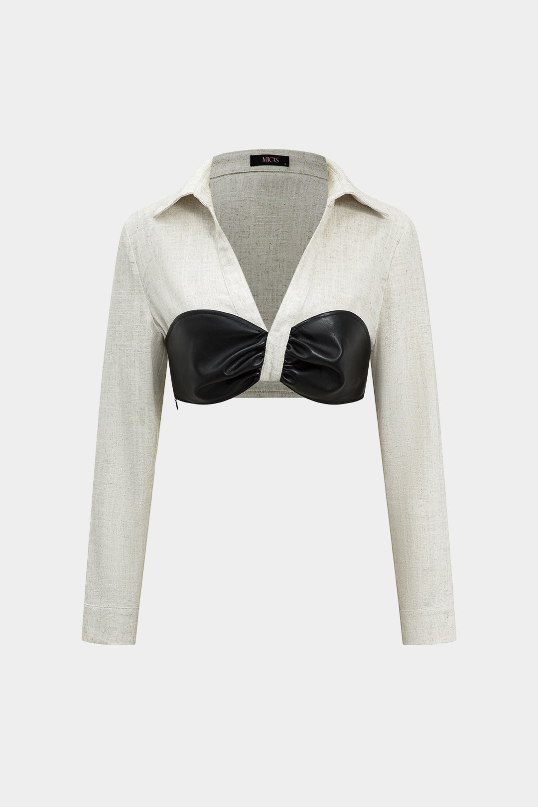 חולצת פשתן עם שרוולים ארוכים וקשתות, דמוי עור בצבע בלוק צבעוני 