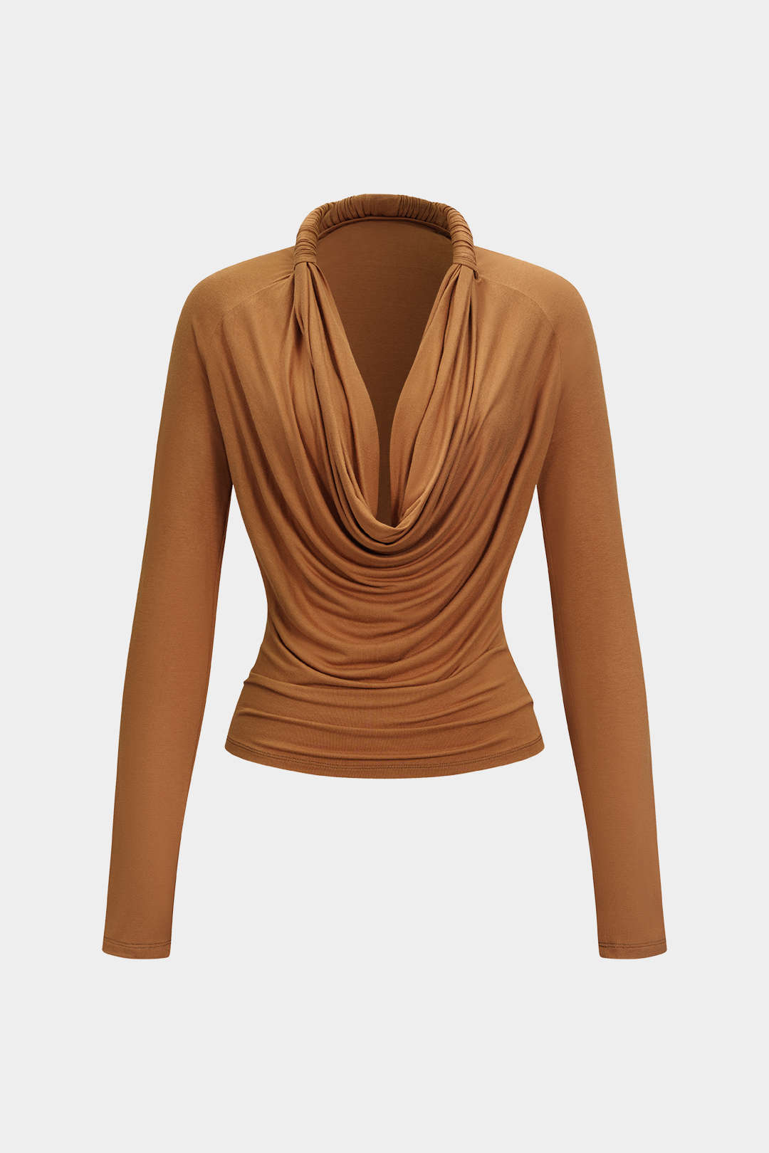 Ruched Draped Cowl Neck Long-Sleeve Top