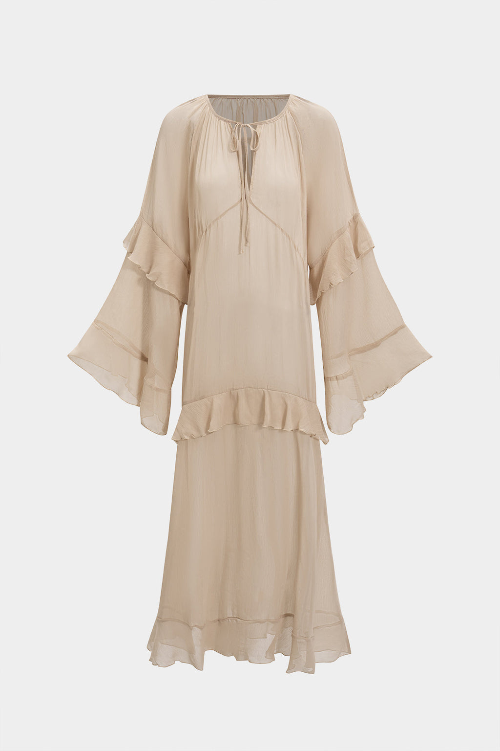 Mesh Sheer Tie-Up Ruffle Long Sleeve Maxi Dress