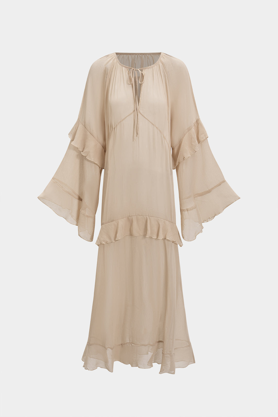 Mesh Sheer Tie-Up Ruffle Long Sleeve Maxi Dress