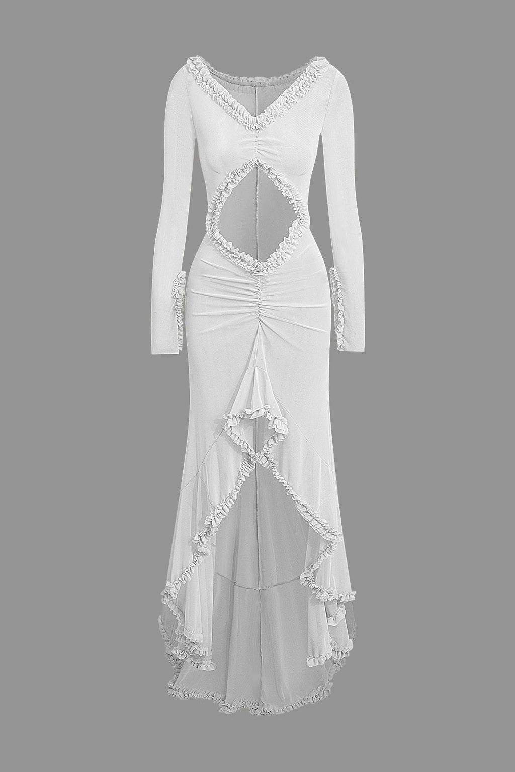 Ruffle Trim Ruched Cut Out Maxi Dress