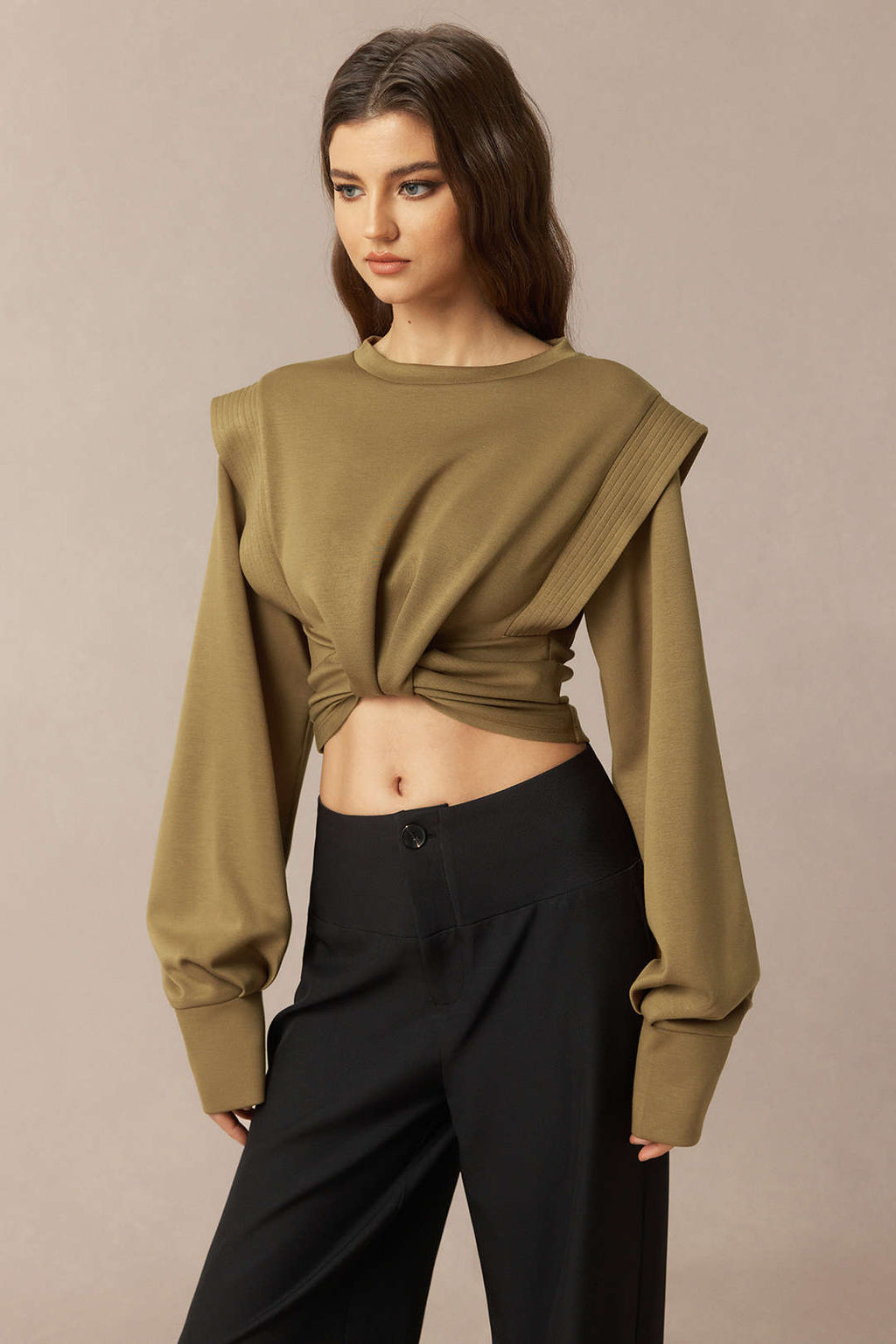 Ruched Round Neck Long Sleeve Sweatshirt
