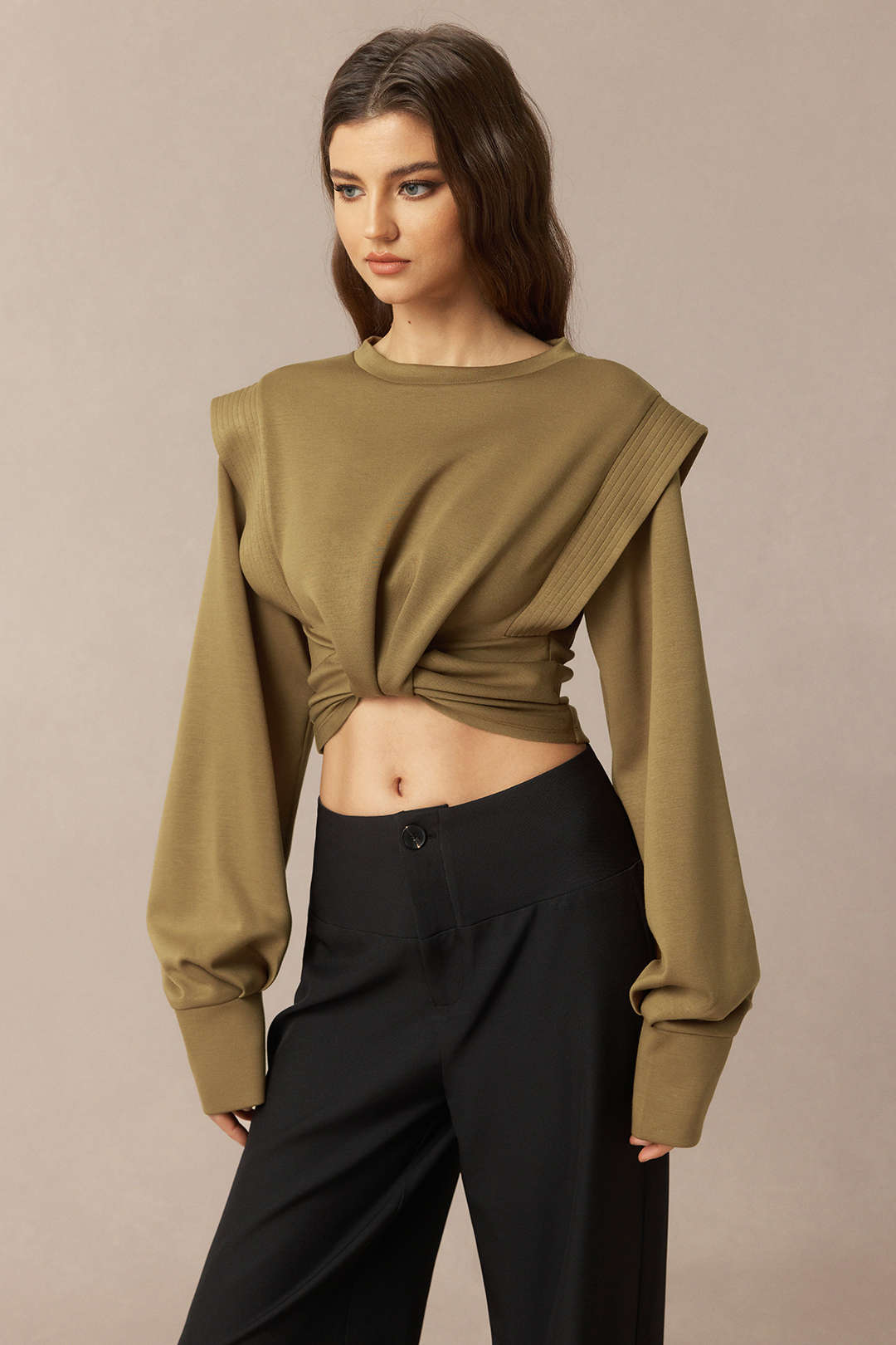 Ruched Round Neck Long Sleeve Sweatshirt