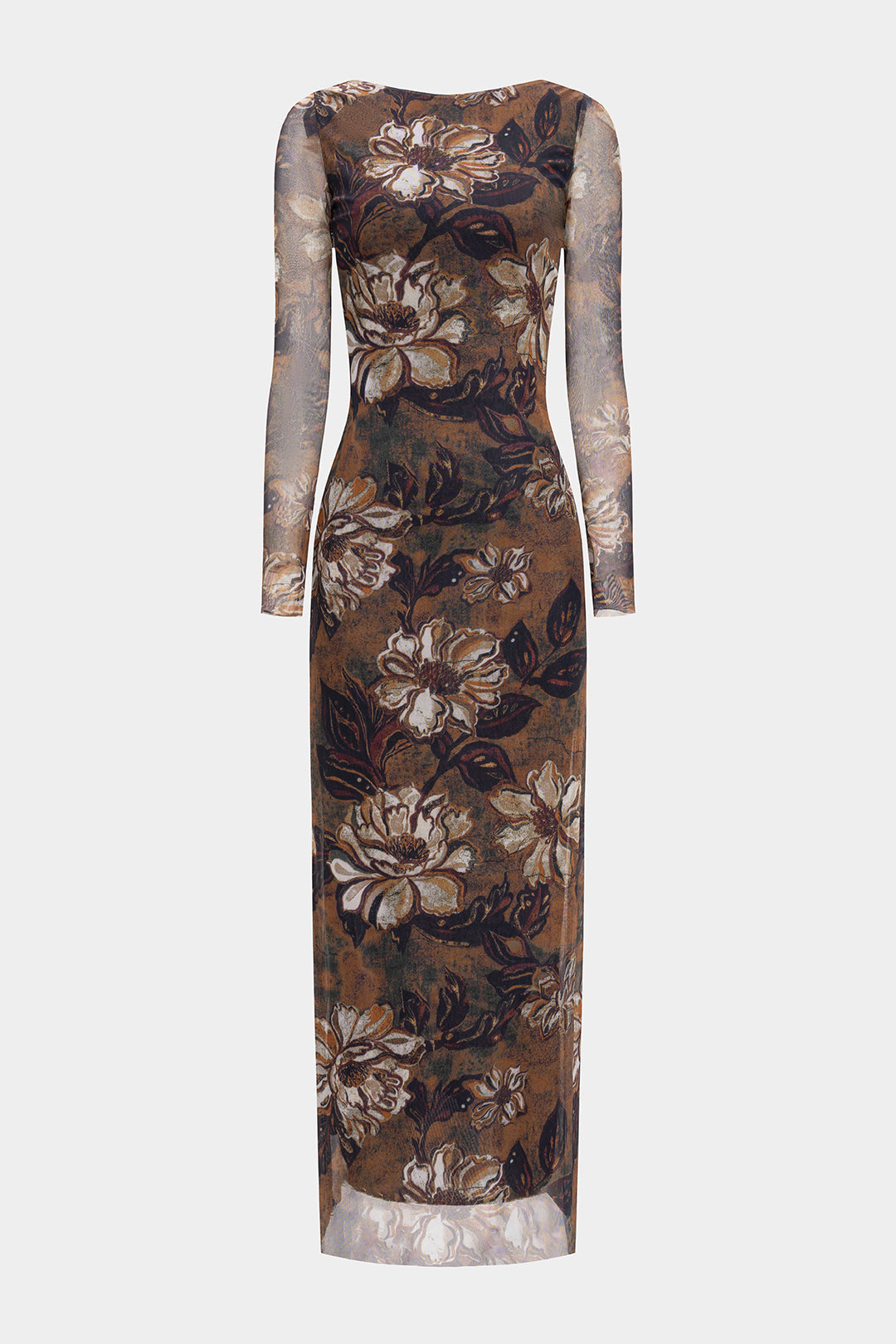 Mesh Floral Retro Print Backless Long Sleeve Maxi Dress