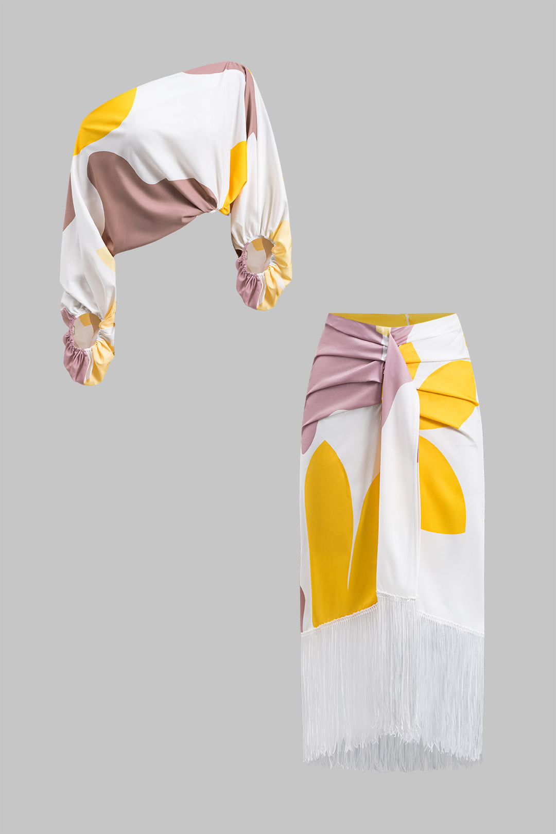 Conjunto Blusa Un Hombro Y Falda Con Flecos Abstracta