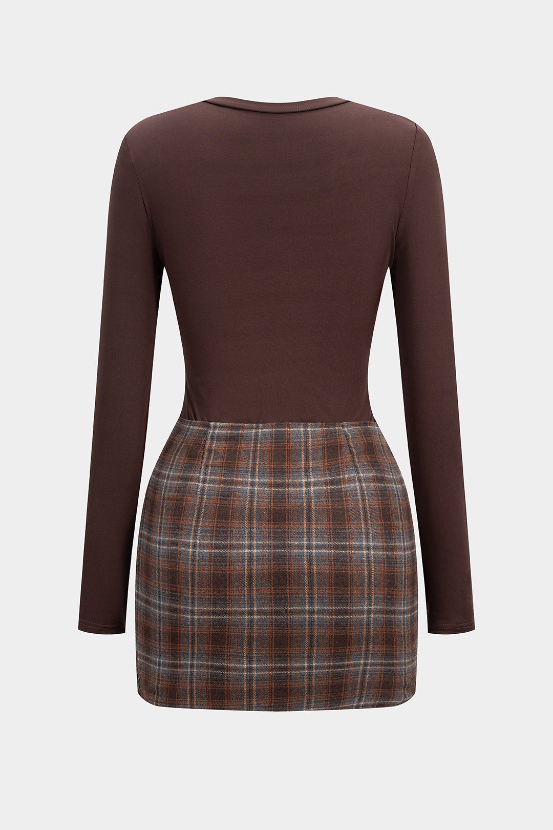 Plaid Print Patchwork Tie Front Long Sleeve Mini Dress