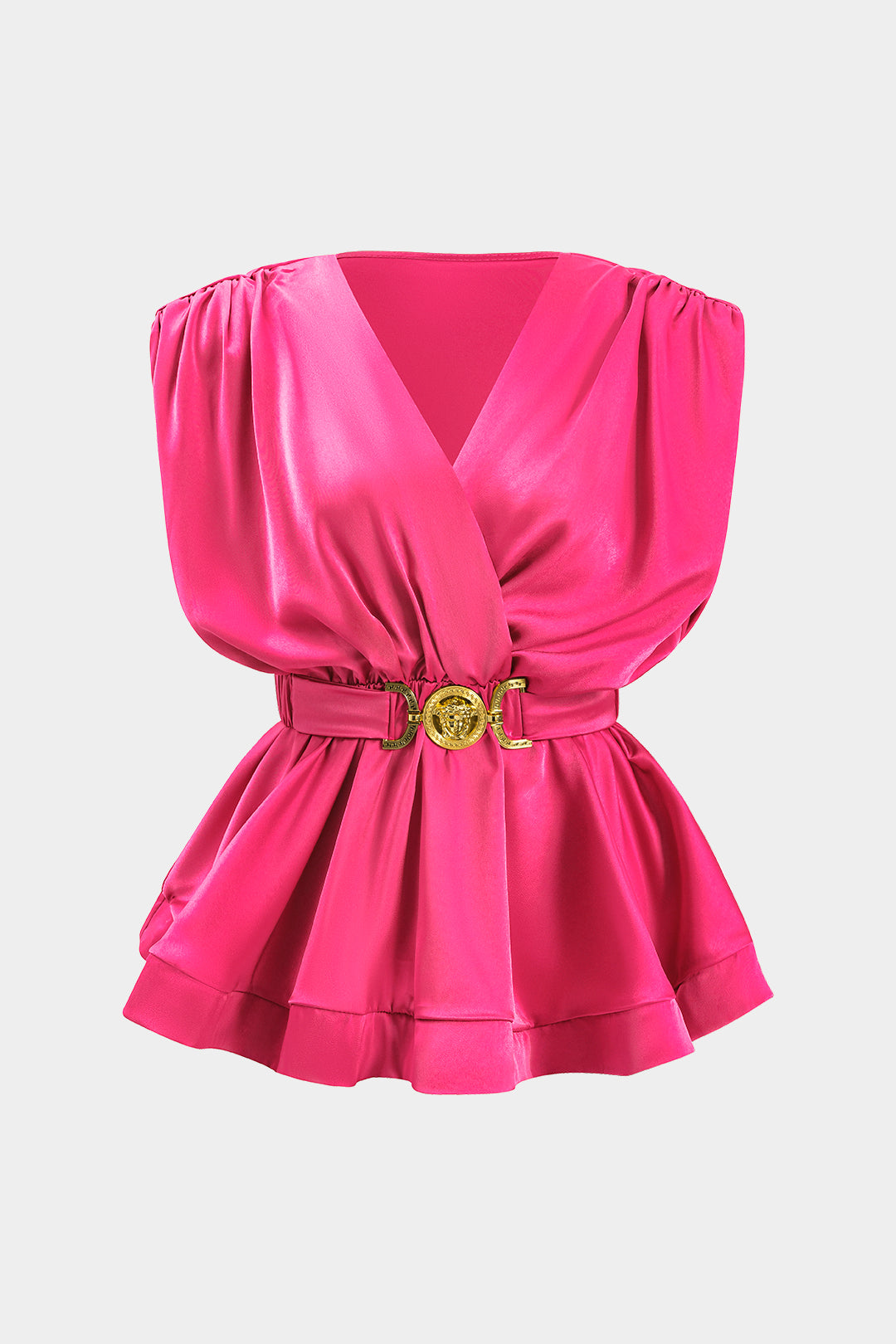 Blusa de Satén Metálico con Espagueti Drapeado y Botones