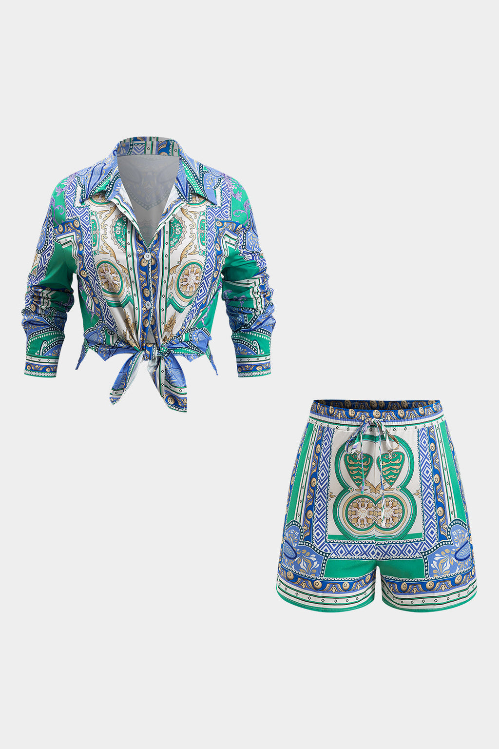 Conjunto Blusa Bohemia Estampada y Shorts con Nudo Mujer