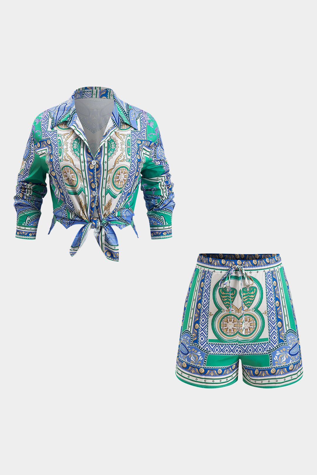 Conjunto Blusa Bohemia Estampada y Shorts con Nudo Mujer