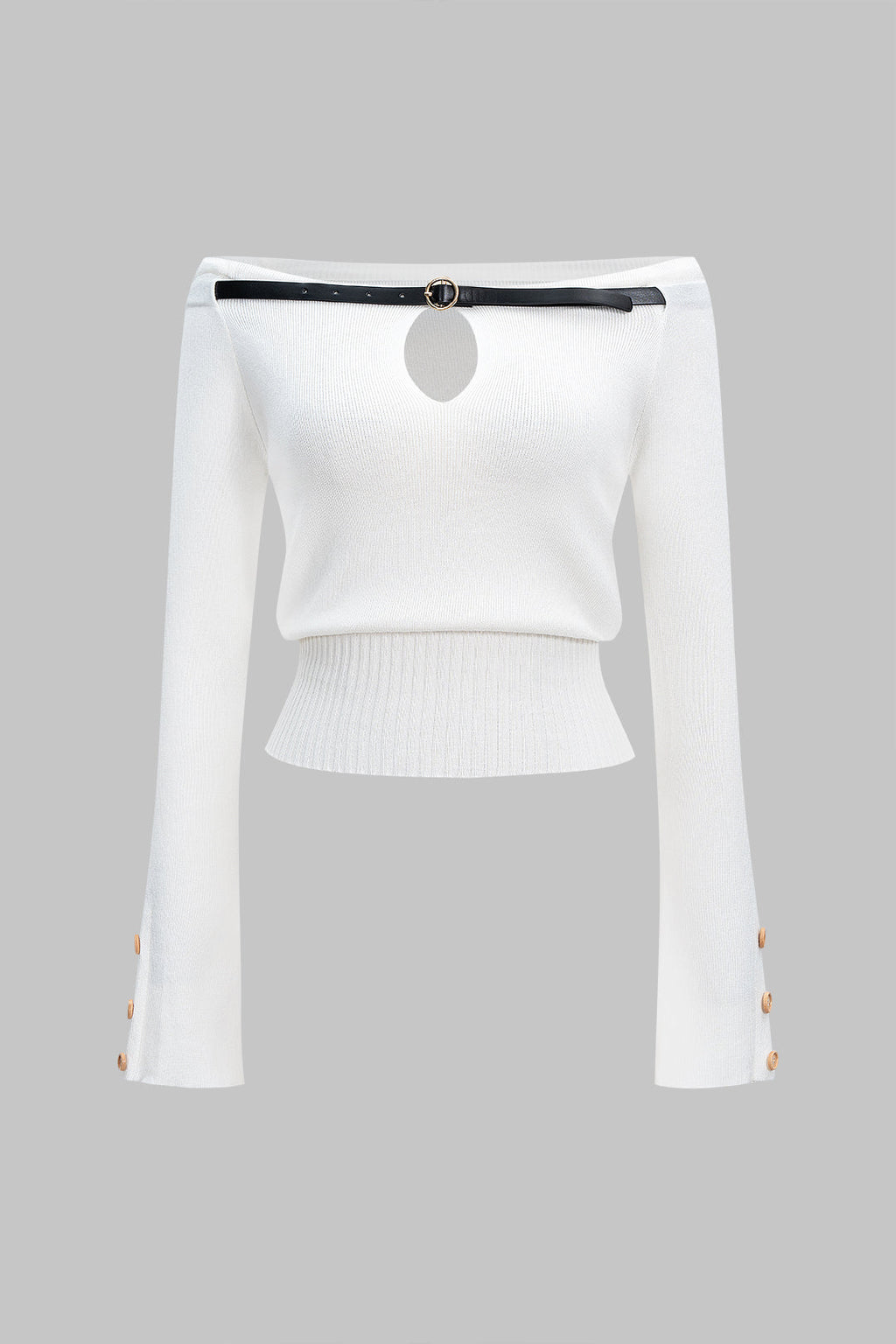 Belted Off Shoulder Cut Out Long-Sleeve Top