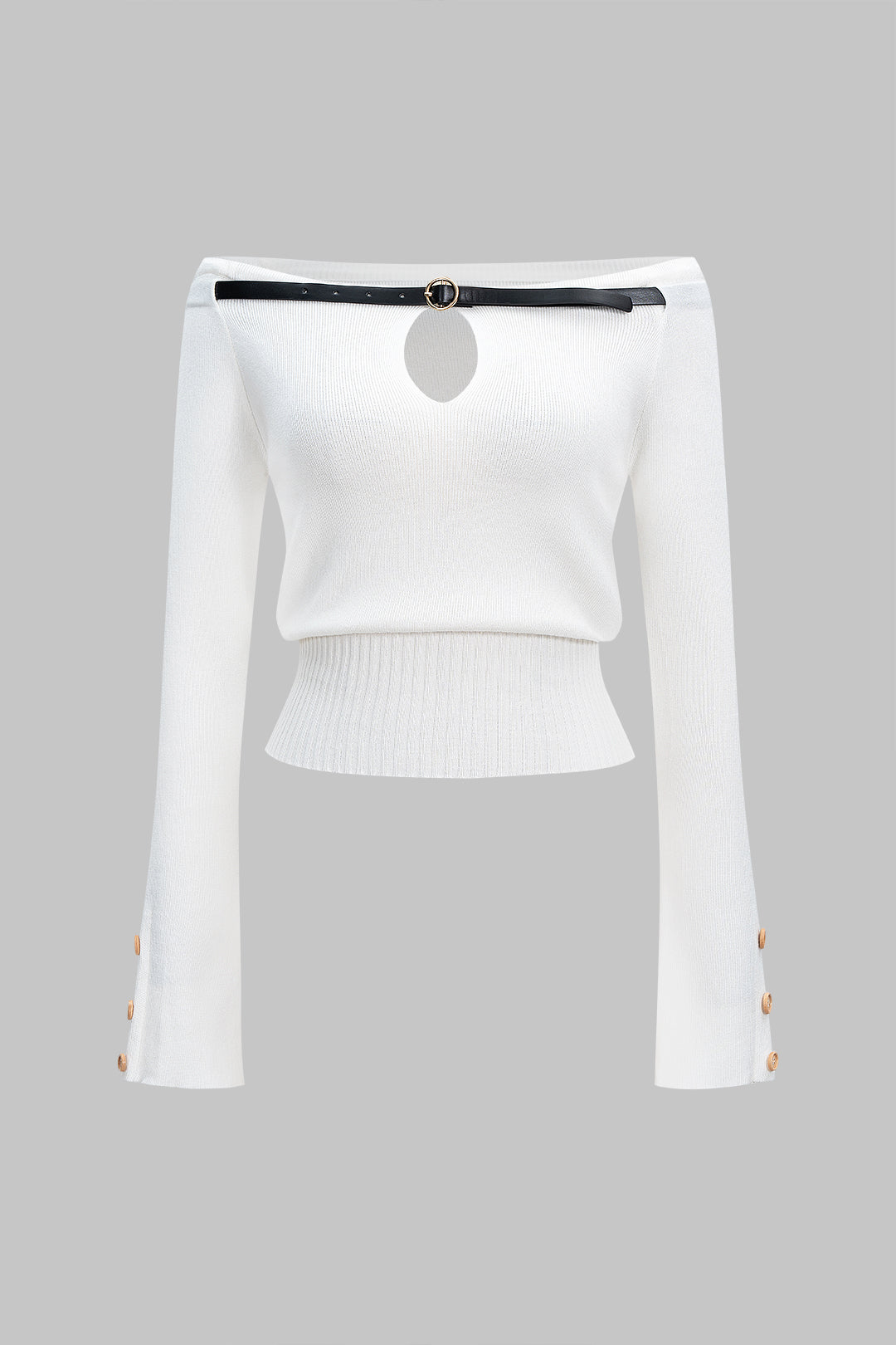 Belted Off Shoulder Cut Out Long-Sleeve Top