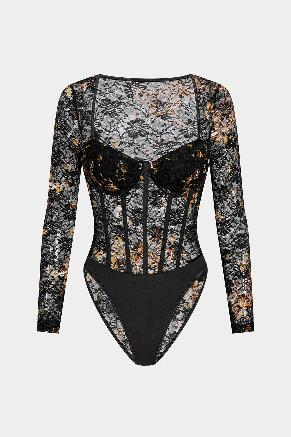 Floral Print Sheer Underwire Long Sleeve Bodysuit