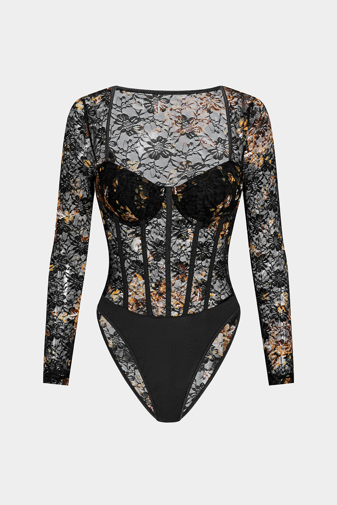 Floral Print Sheer Underwire Long Sleeve Bodysuit