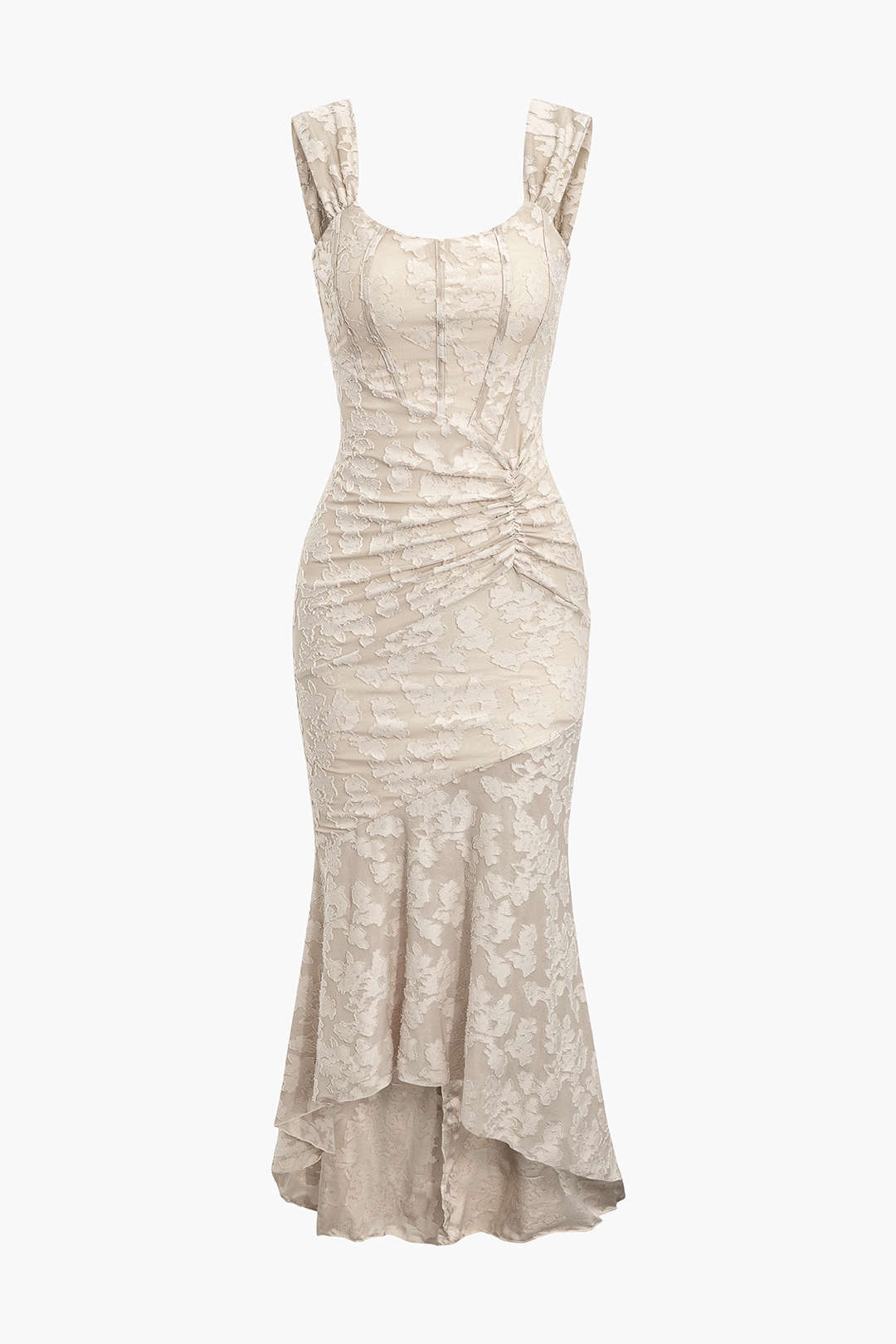Vestido Midi Sirena Floral Asimétrico Sin Mangas Elegante