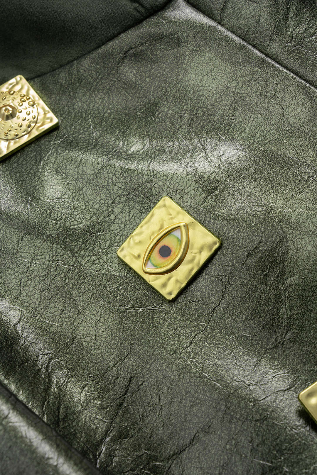 Faux Leather Patchwork Metallic Button Ruched Long Sleeve Mini Dress