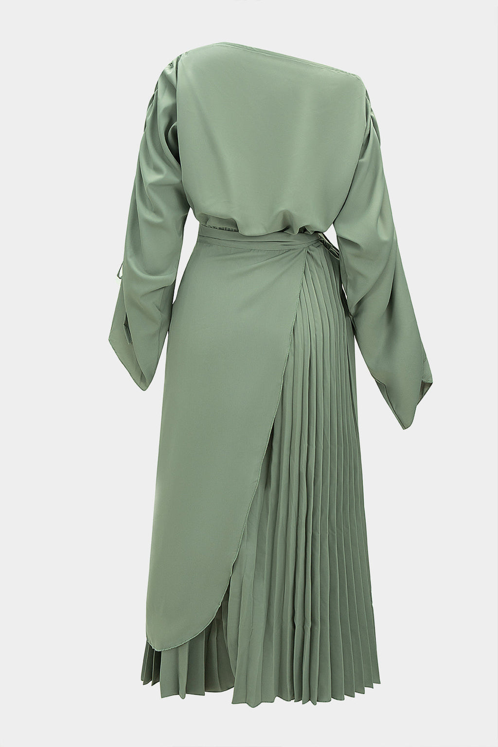 Asymmetrical Pleated Tie-Up Long Sleeve Maxi Dress