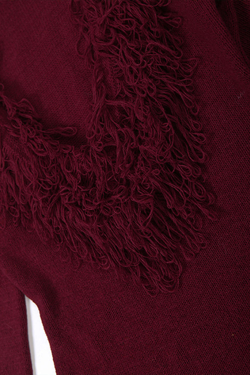 Knit Fringe Trim Deep V-Neck Long Sleeve Dress