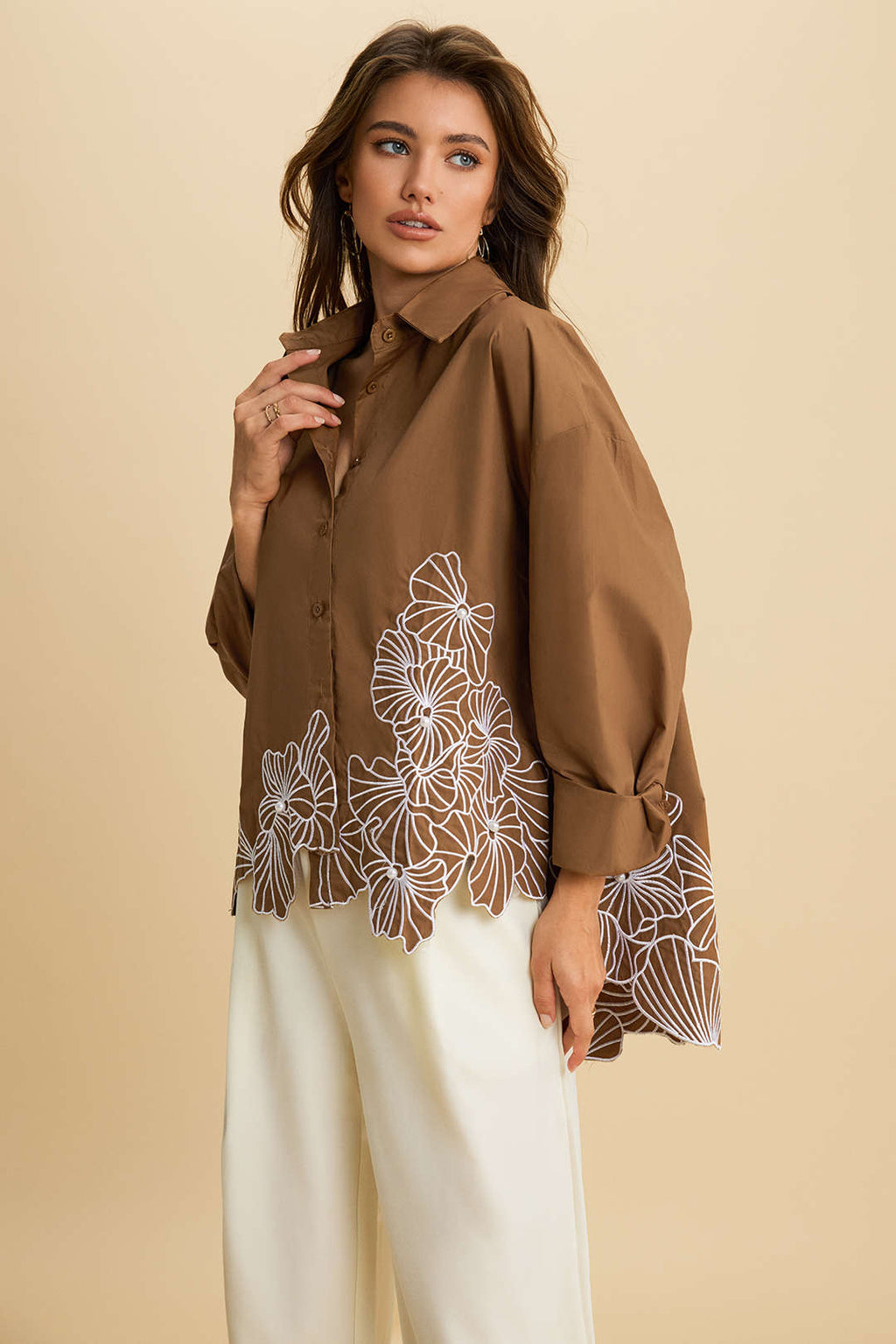 Asymmetrical Embroidery Button Long-Sleeve Shirt